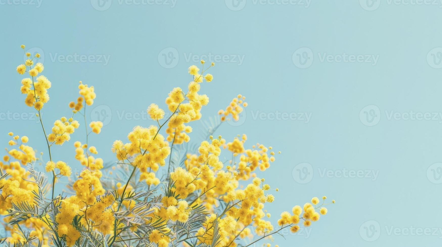 ai generato bellissimo mimosa fiori nel un' giallo colore contro un' cielo blu sfondo foto