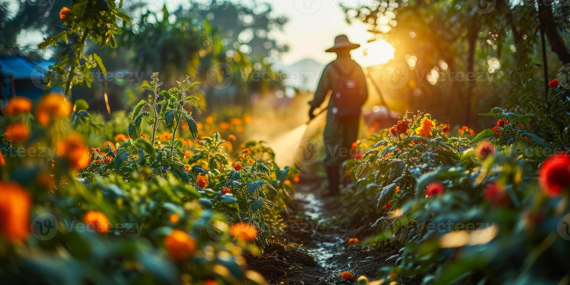 ai generato contadino spruzzatura biologico pesticidi nel fiore giardino. lavoratore nel protettivo Ingranaggio meticolosamente tende per vivace fioriture a tramonto foto