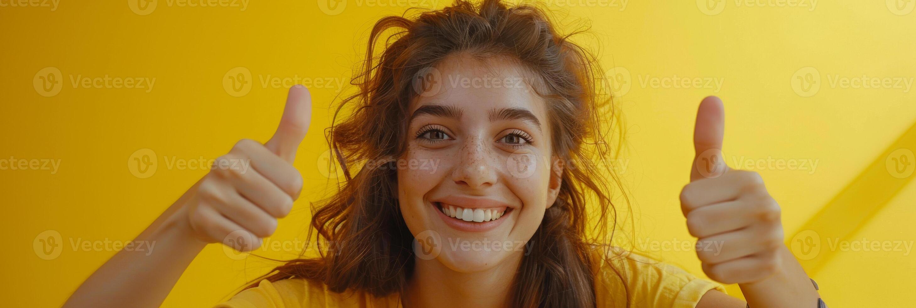 ai generato un' giovane donna con brunetta capelli sorridente e dando un' pollici su gesto, esprimendo positività e approvazione. foto