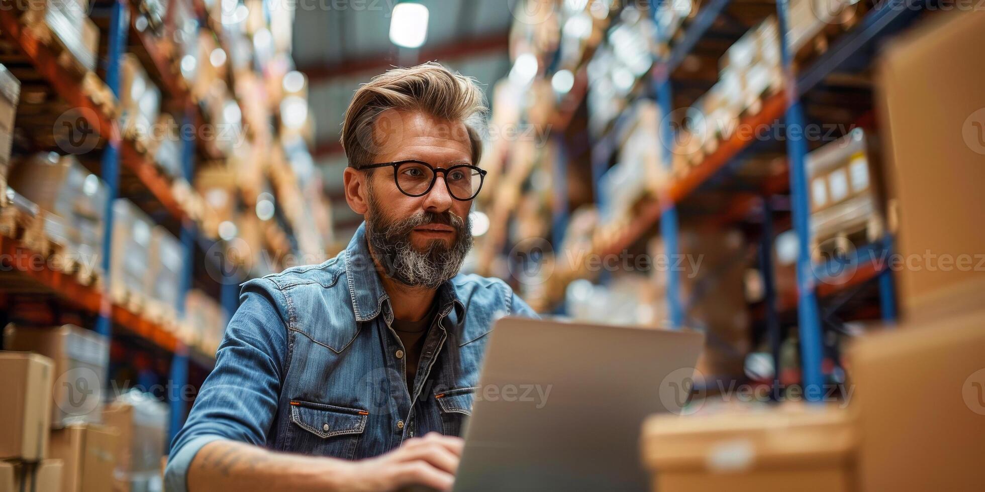 ai generato un' focalizzata uomo d'affari con un' barba e bicchieri è visto Lavorando diligentemente su il suo il computer portatile nel un' occupato magazzino ambientazione. foto