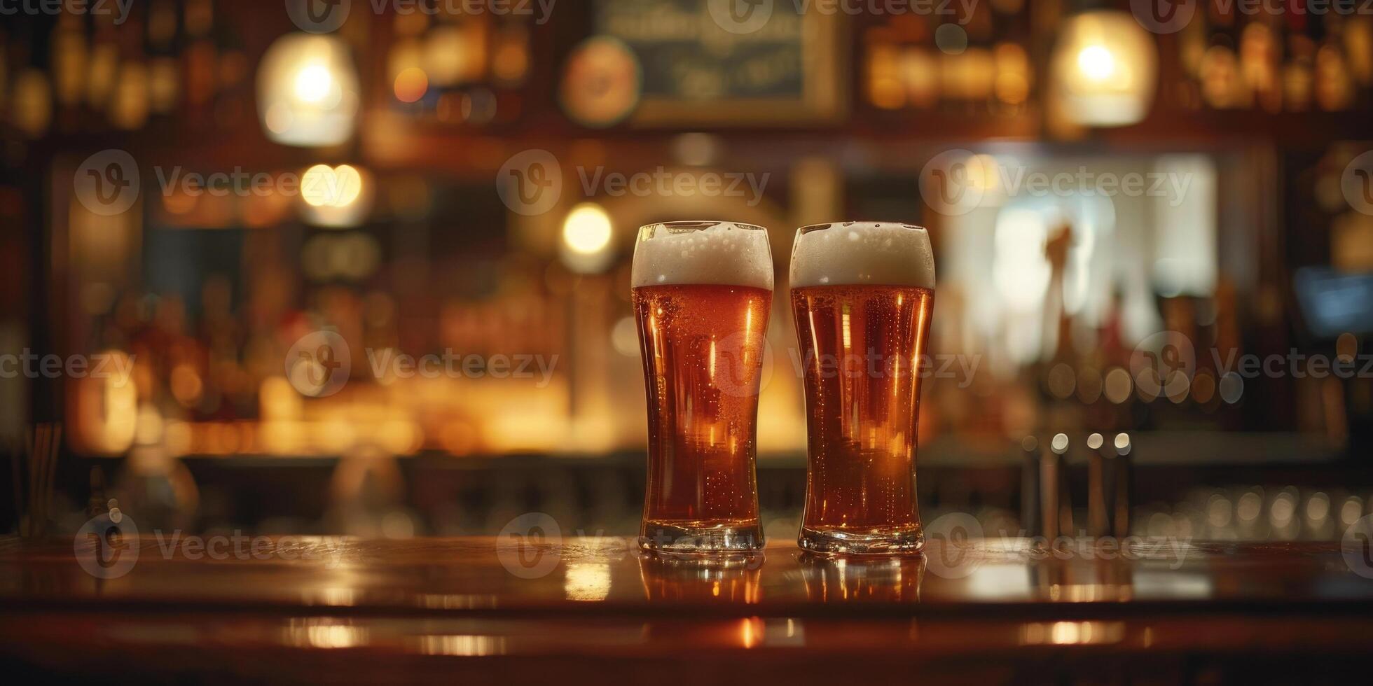 ai generato Questo foto raffigura Due bicchieri di birra posto su superiore di un' bar contatore, cattura un' celebrativo momento nel un' casuale ambientazione
