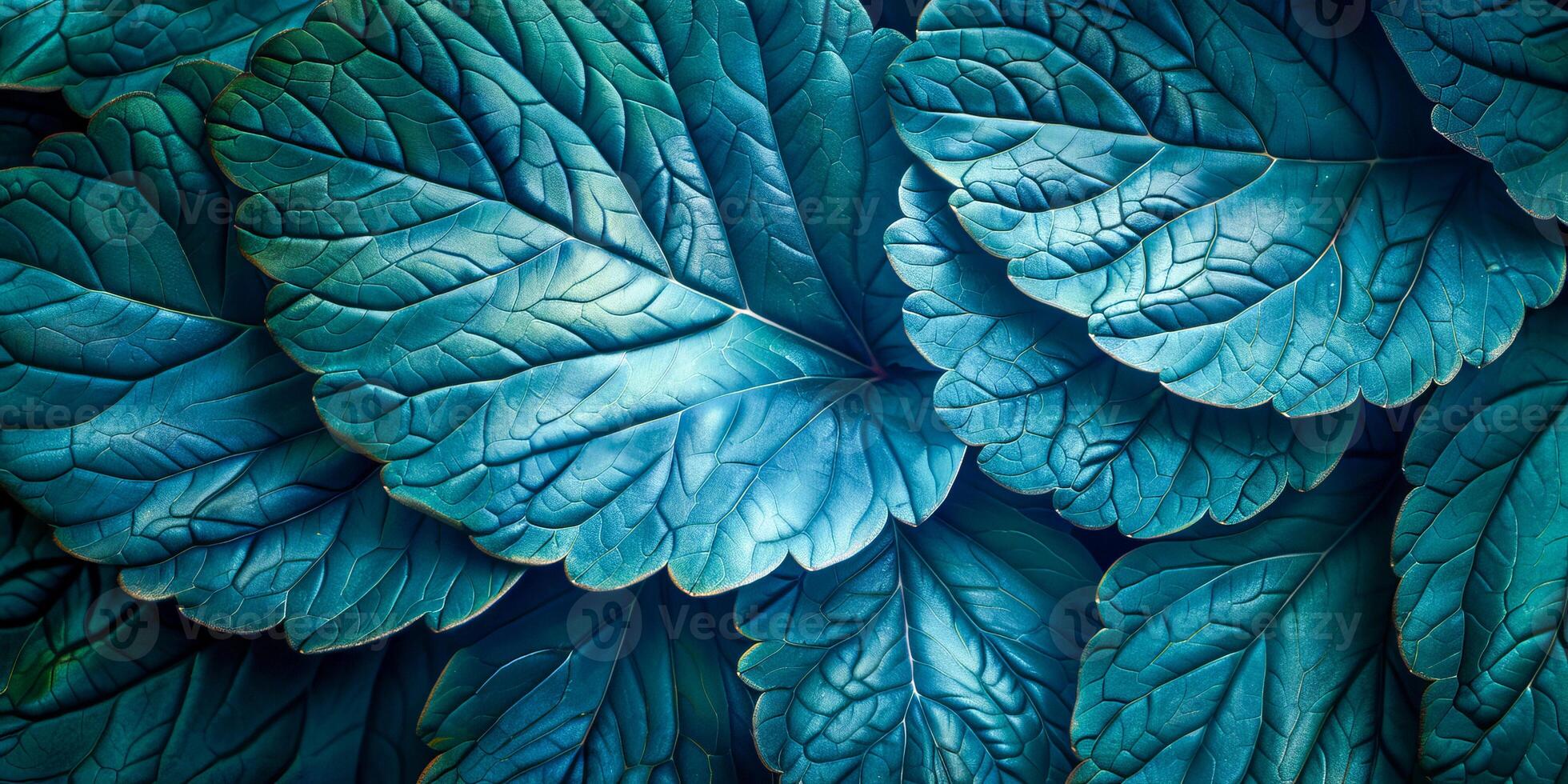 ai generato un' avvicinamento di il intricato modelli e textures di blu verde foglie, in mostra il naturale eleganza e complessità di pianta vita foto