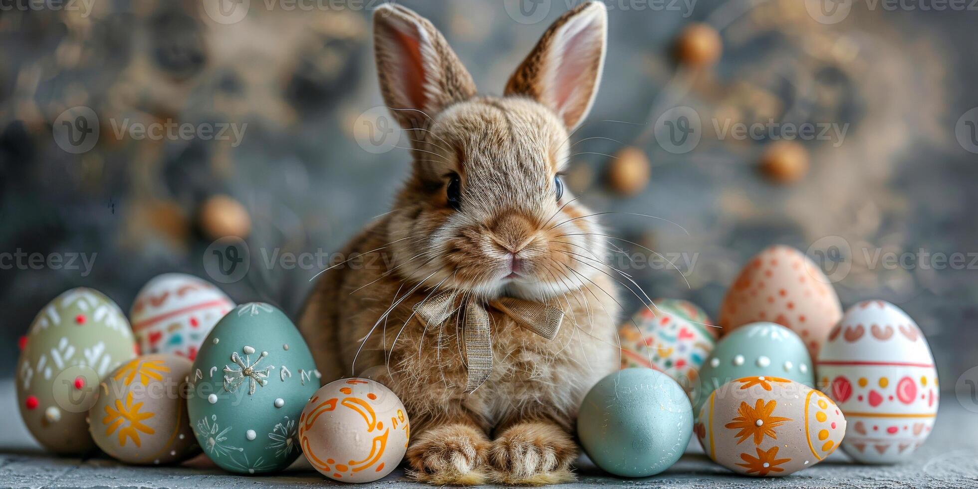 ai generato un' coniglio con floscio orecchie seduta nel davanti di un' nido di uova, in mostra un' scena di primavera o Pasqua arredamento foto