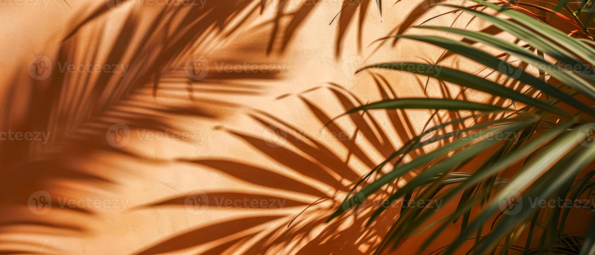 ai generato il interazione di leggero e ombra a partire dal tropicale palma le foglie crea un artistico modello su un' caldo, strutturato parete foto