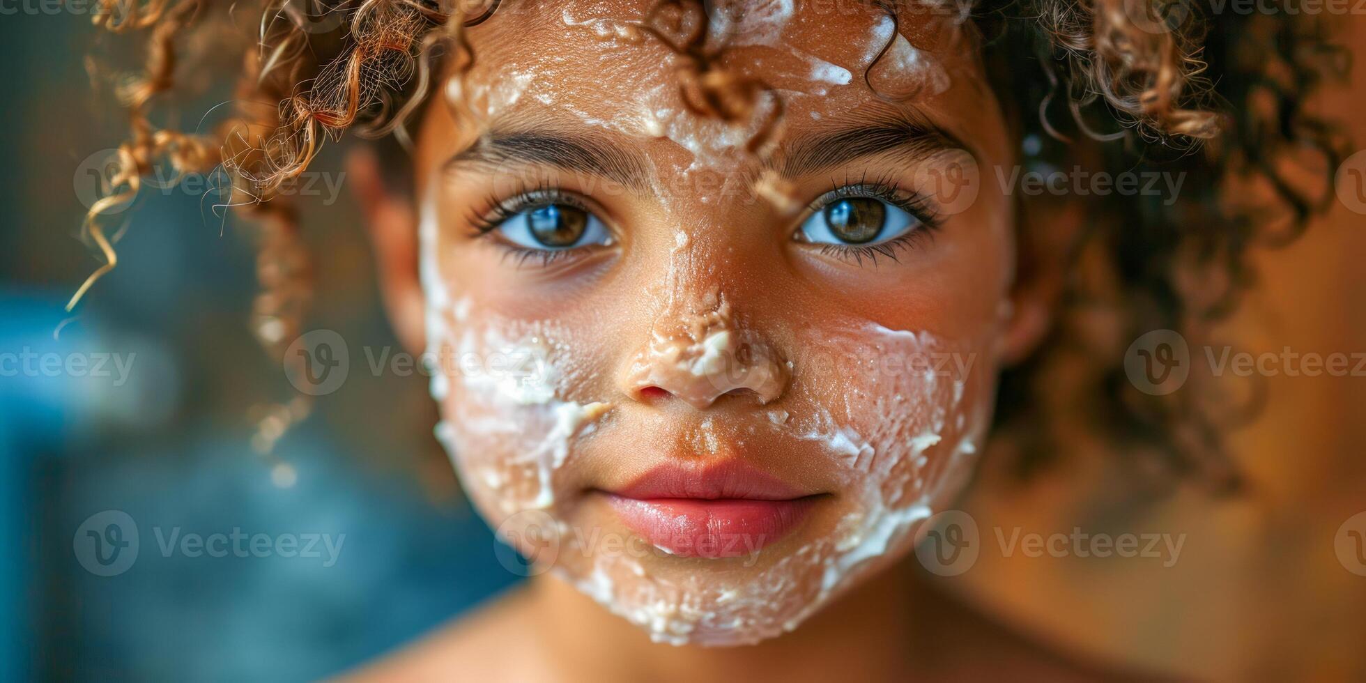 ai generato dai capelli ricci bambino con pelle cura crema su viso, riflessivo espressione foto