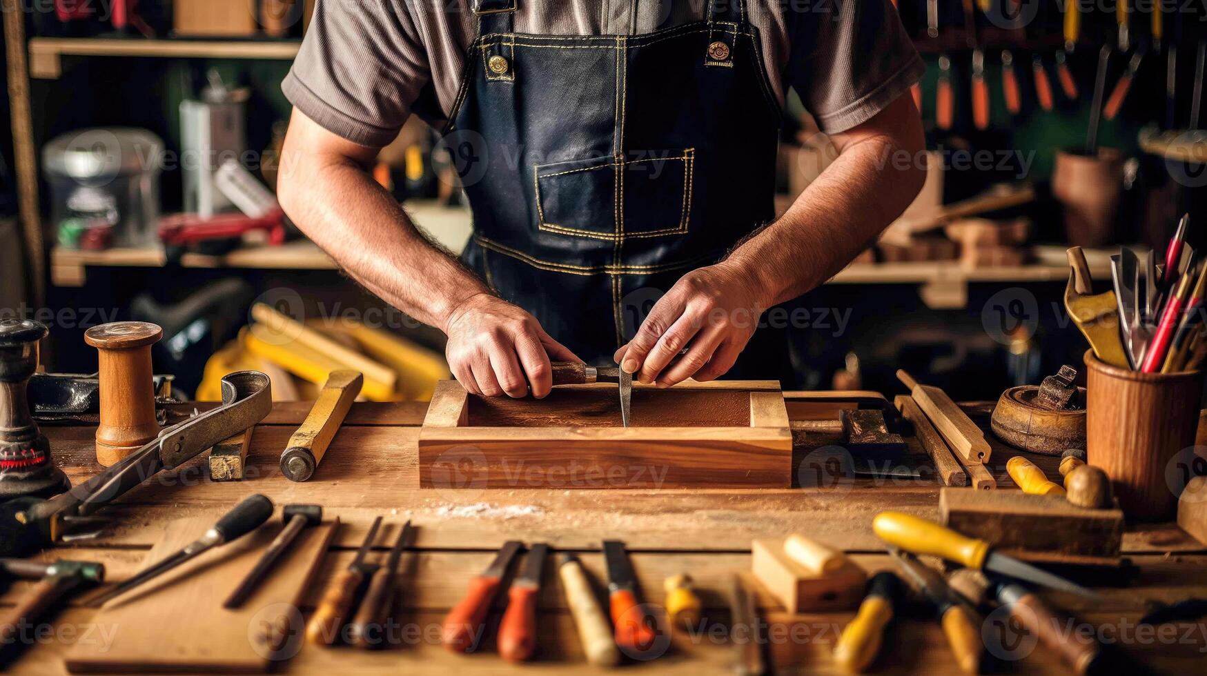 ai generato lavorazione con precisione, un' falegname Lavorando su di legno tavolo nel il suo carpenteria negozio, generativo ai foto