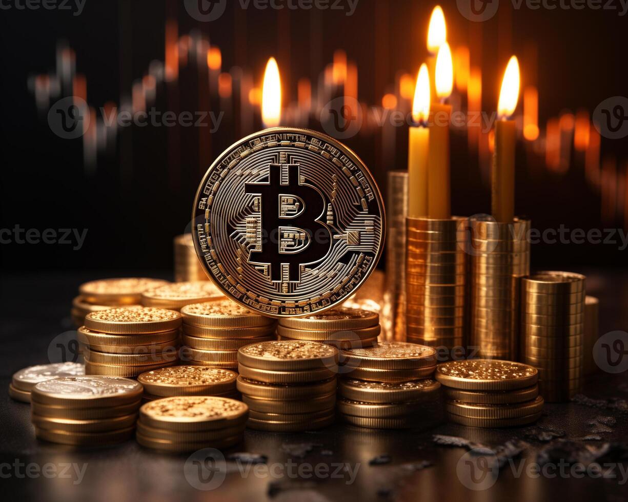 ai generato bitcoin oro monete con candele nel il sfondo. virtuale criptovaluta concetto foto