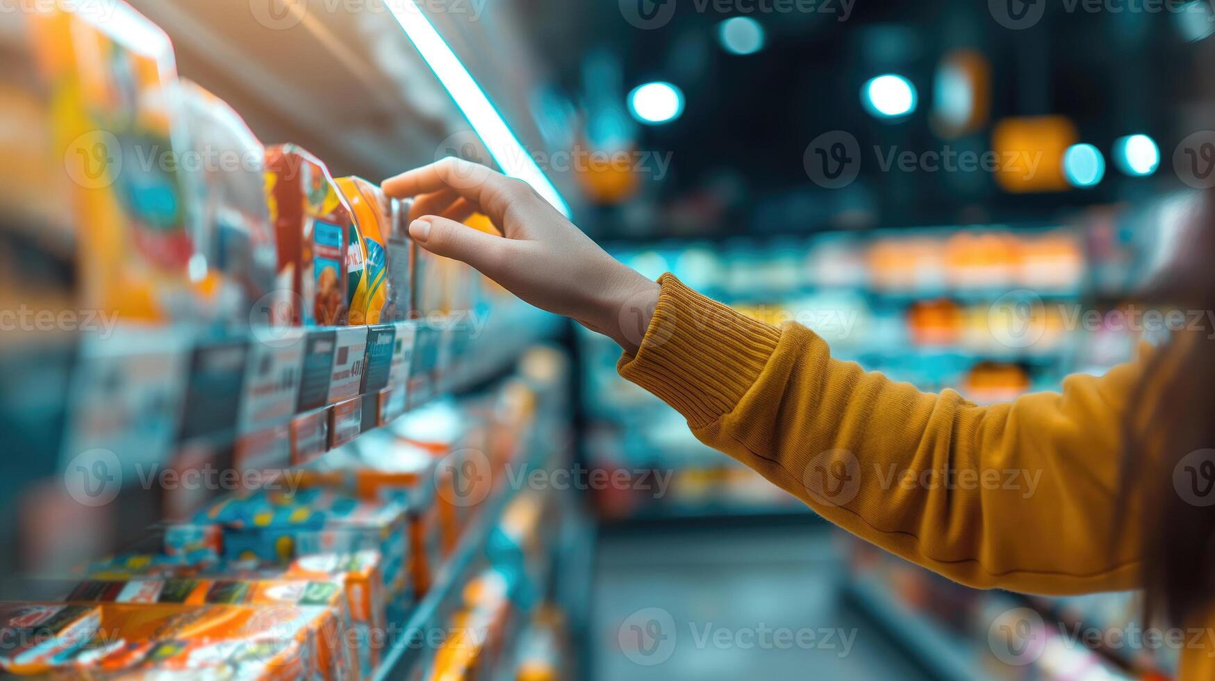 ai generato supermercato acquisti, un' donna mano raggiungendo per prodotti nel un' drogheria negozio, generativo ai foto