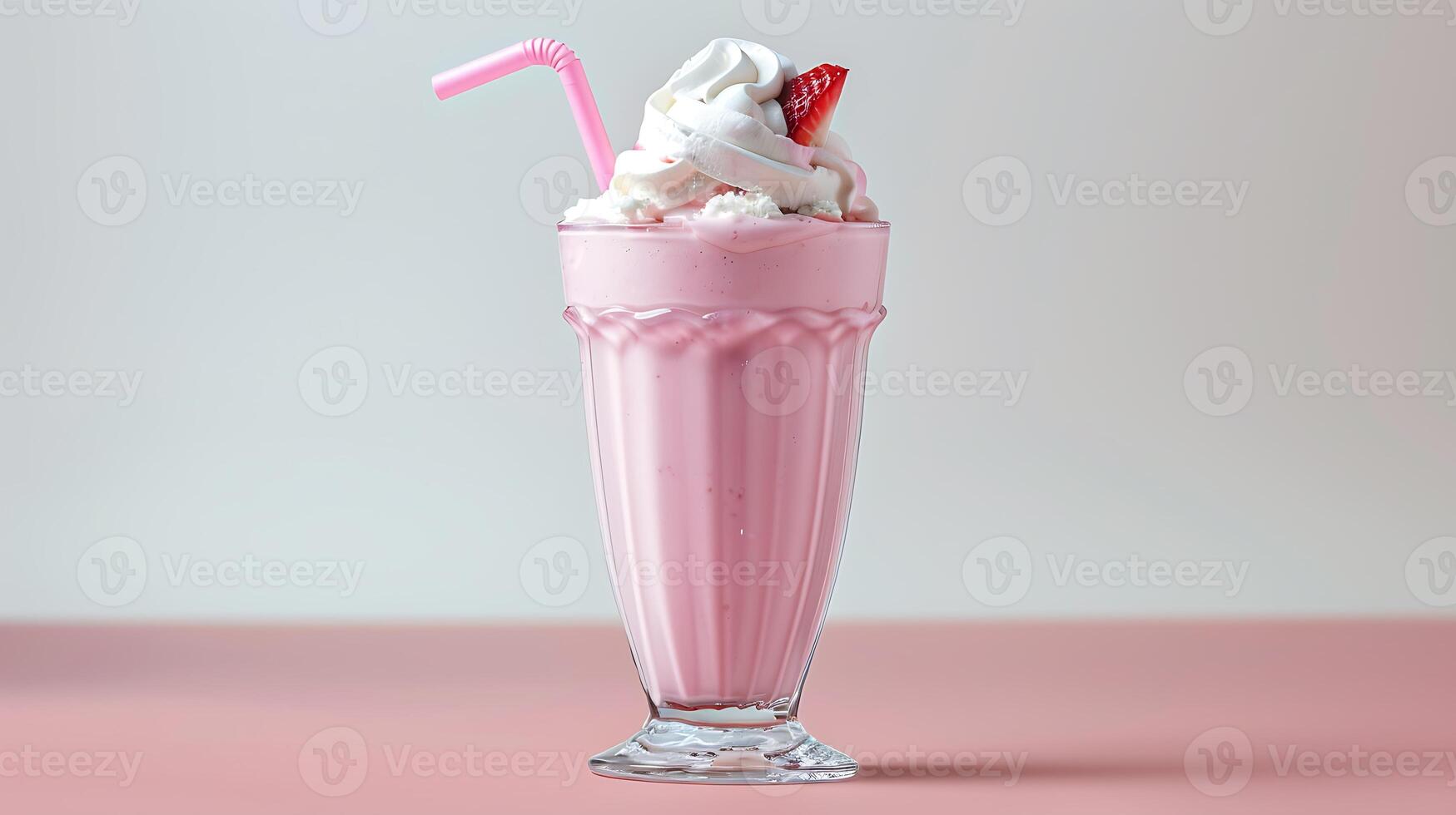 ai generato a strisce cannucce nel un' bicchiere di spruzzi fragola frappè isolato su pastello rosa colore fondale foto