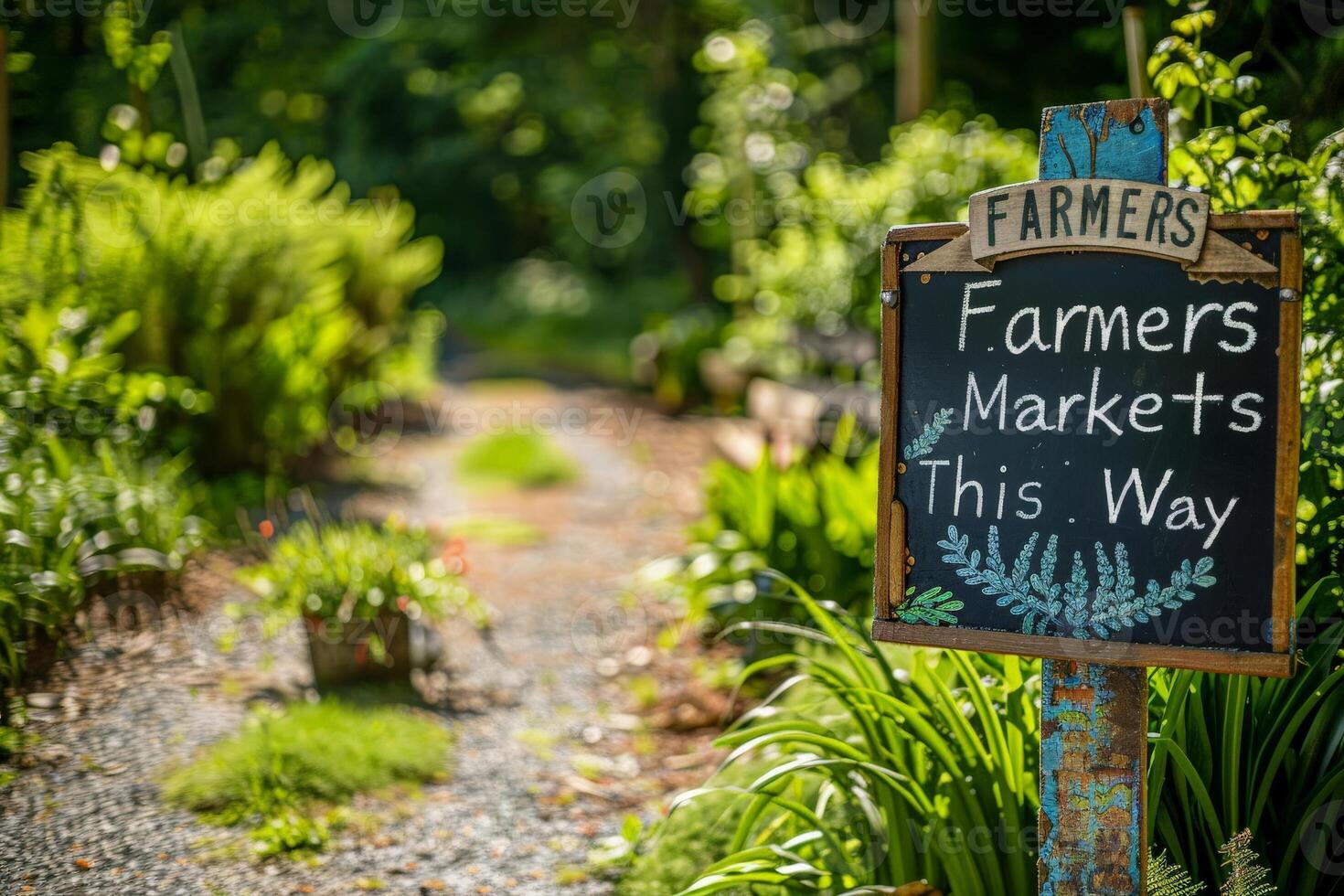 ai generato manoscritto cartello detto agricoltori mercato Questo modo su un' città strada angolo, orientamento visitatori per il mercato con Locale produrre. foto