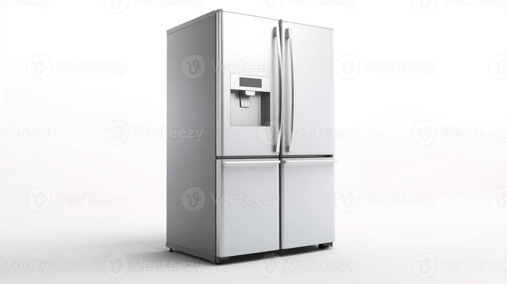 ai generato mantenere il tuo cibo fresco, efficiente e elegante moderno argento frigorifero su bianca sfondo, generativo ai foto