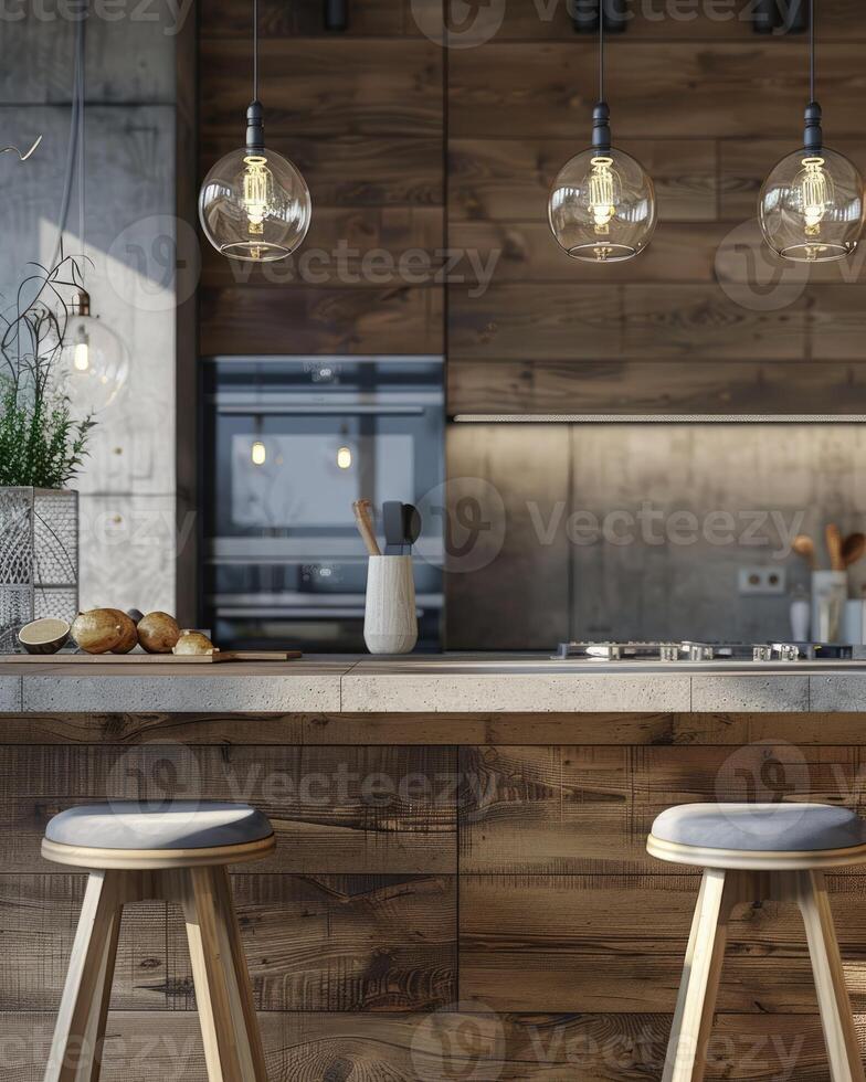 ai generato vicino su di un' cucina moderno rustico stile, legna mobilia foto