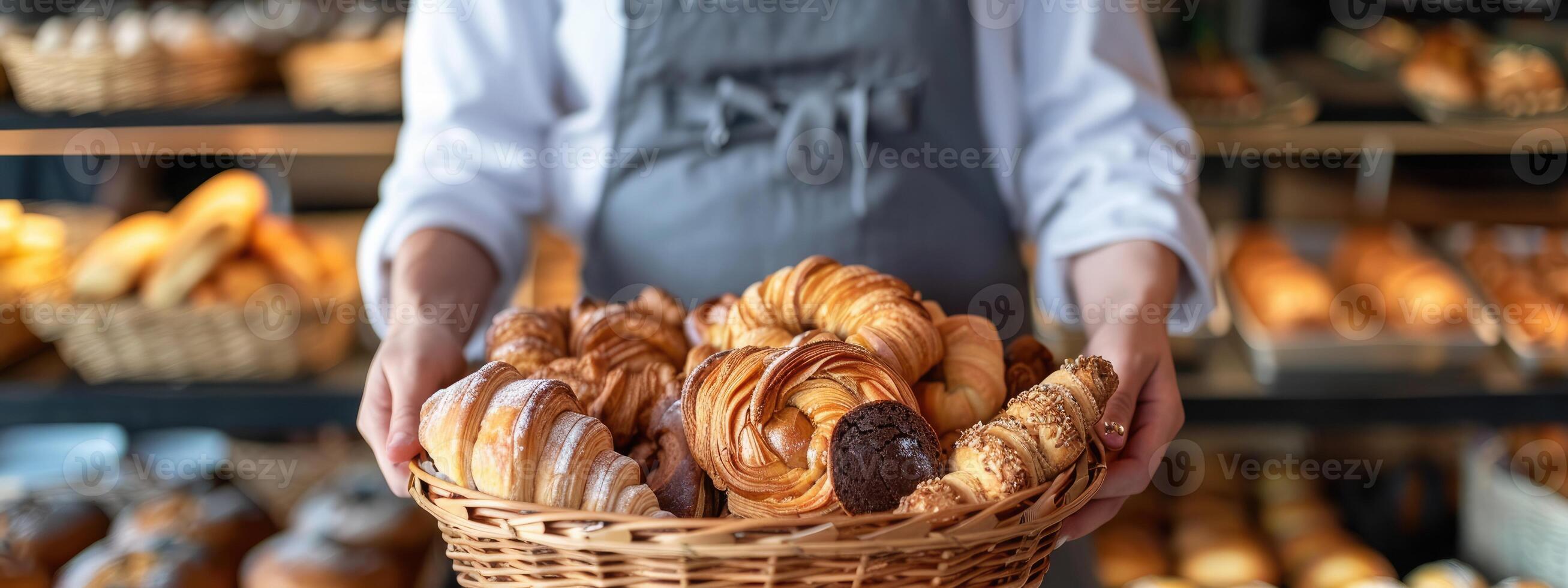 ai generato avvicinamento donna Tenere di vimini cestino con molti diverso pasticcini foto