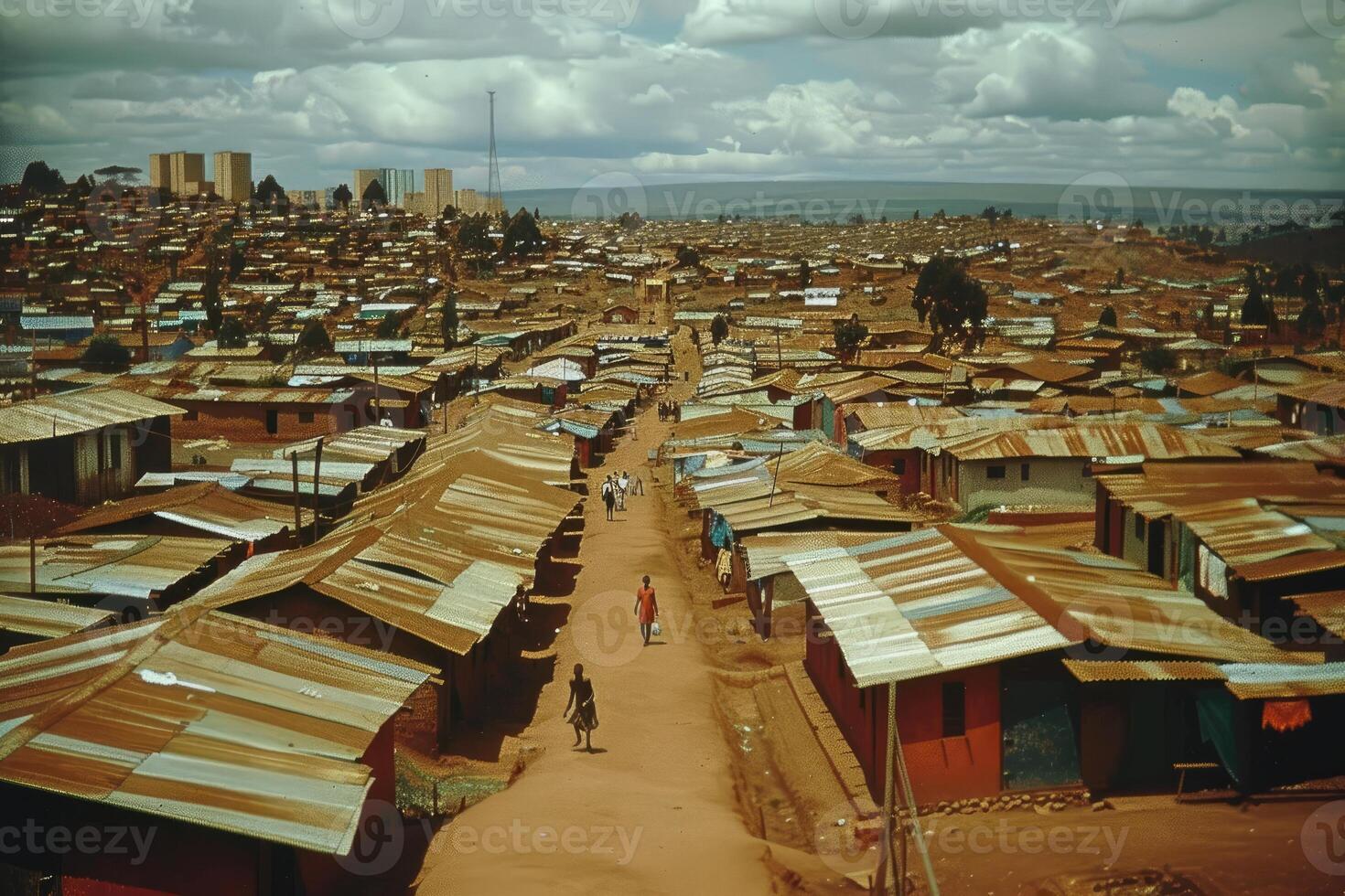 ai generato bassifondi le zone e povertà dietro a highrise edifici nel il città professionale fotografia foto