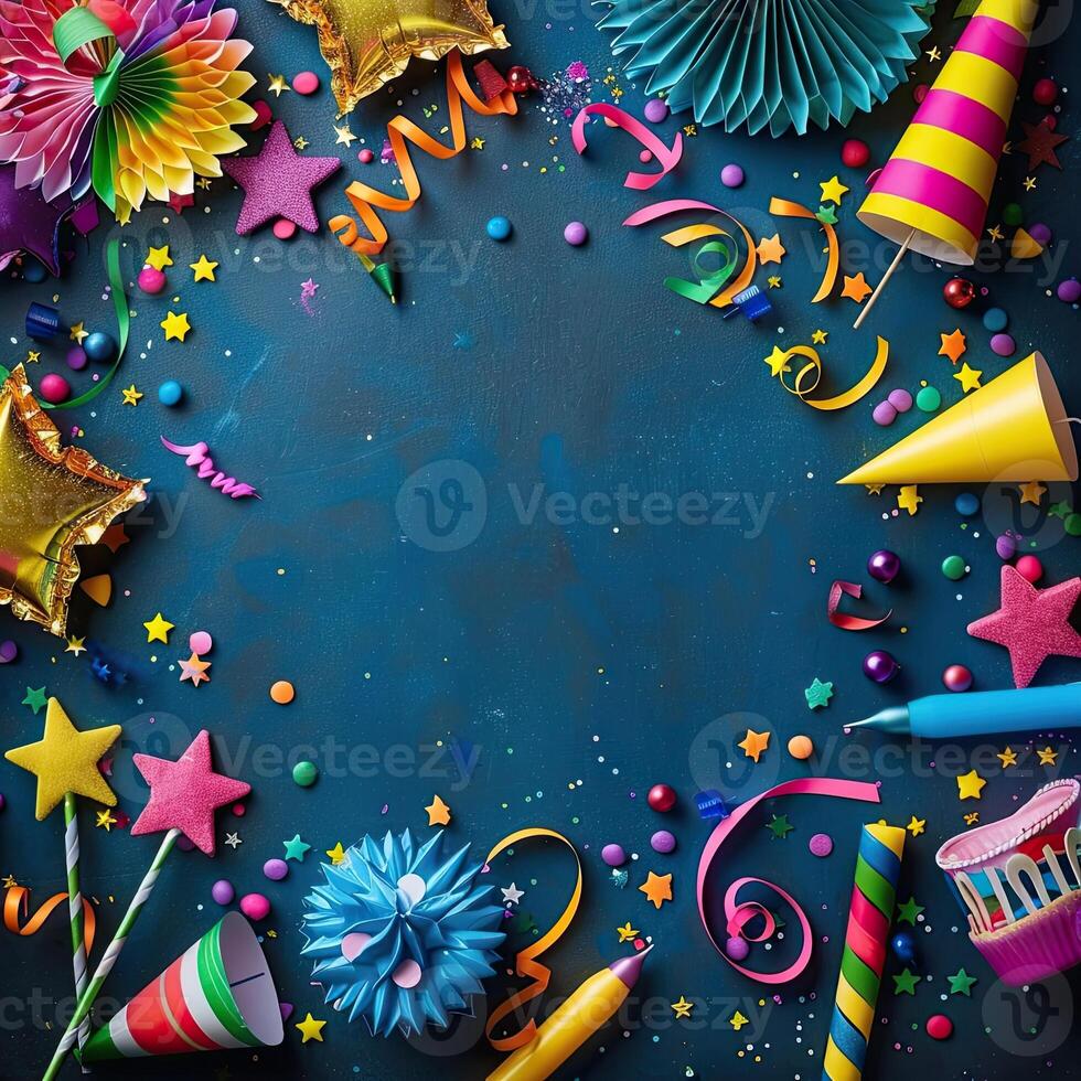 ai generato colorato compleanno sfondo con multicolore festa elementi foto