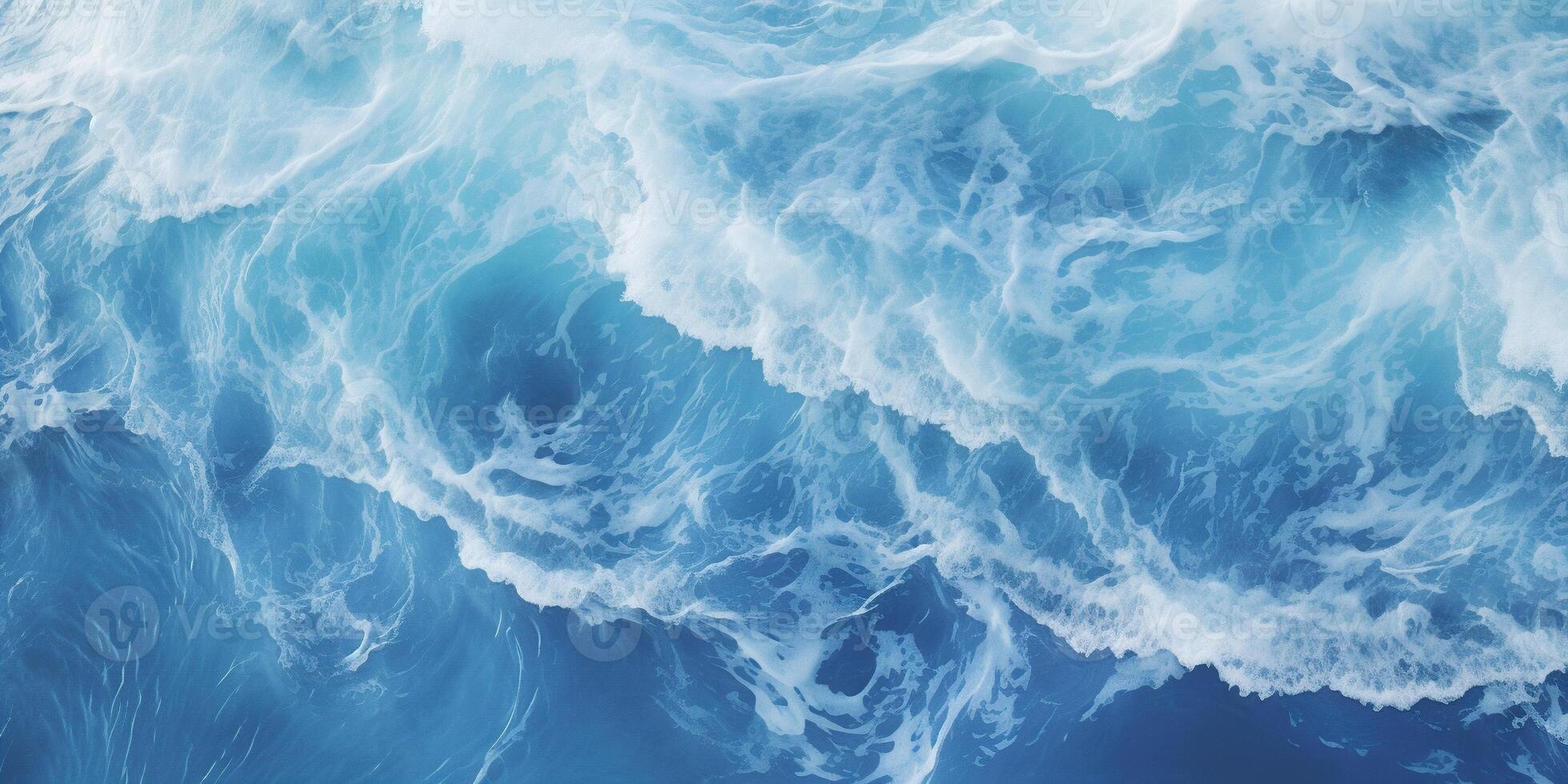 ai generato astratto blu oceano onde Crashing con bianca schiuma e spruzzi sfondo. h2o espressivo, artistico, modello struttura sfondo fondale foto