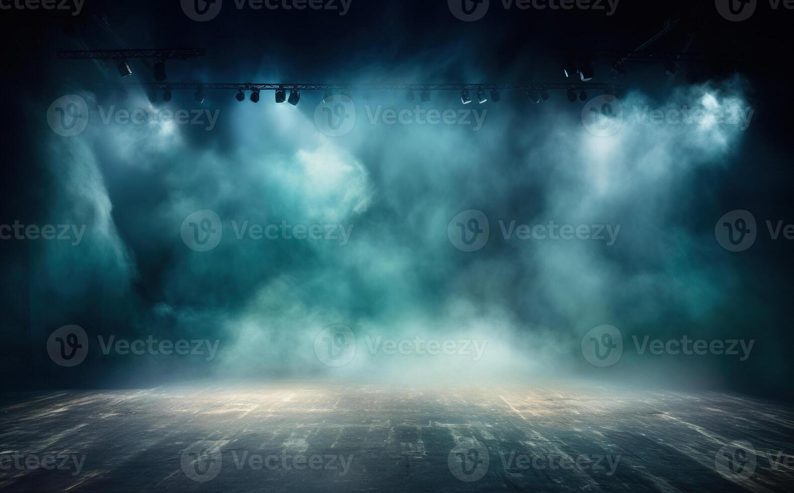 ai generato palcoscenico con panoramico luci presentazione modello con Fumo sfondo. blu tonalità evento riflettore fondale foto