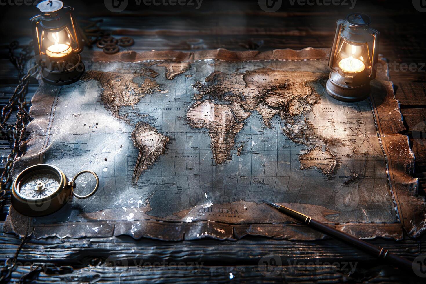 ai generato un' carta geografica di mondo è posto su un' tavolo con un' ottone bussola e un' penna d'oca professionale fotografia foto