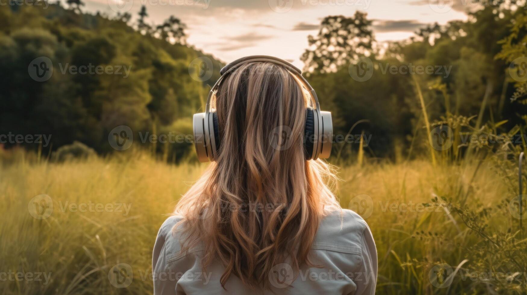 ai generato musica terapia, armonia, mentale Salute concetto. bella giovane donna godendo musica con cuffie all'aperto. donna indossare cuffie godendo musica e bene vibrazioni foto