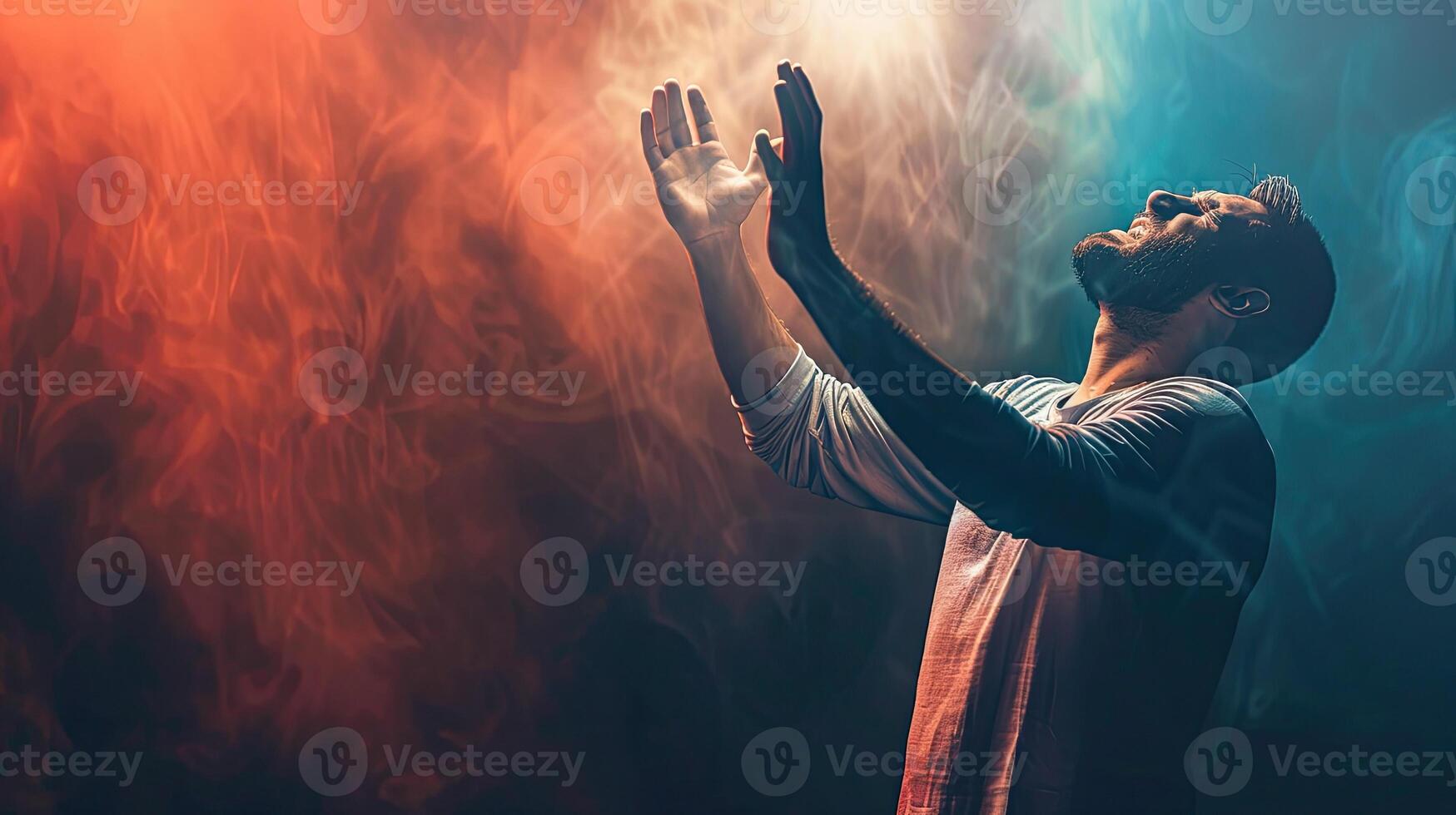 ai generato un' cristiano uomo preghiere per Dio pianto e emotivo con il suo braccia sollevato foto