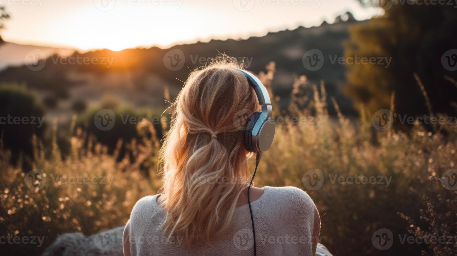 ai generato musica terapia, armonia, mentale Salute concetto. bella giovane donna godendo musica con cuffie all'aperto. donna indossare cuffie godendo musica e bene vibrazioni foto