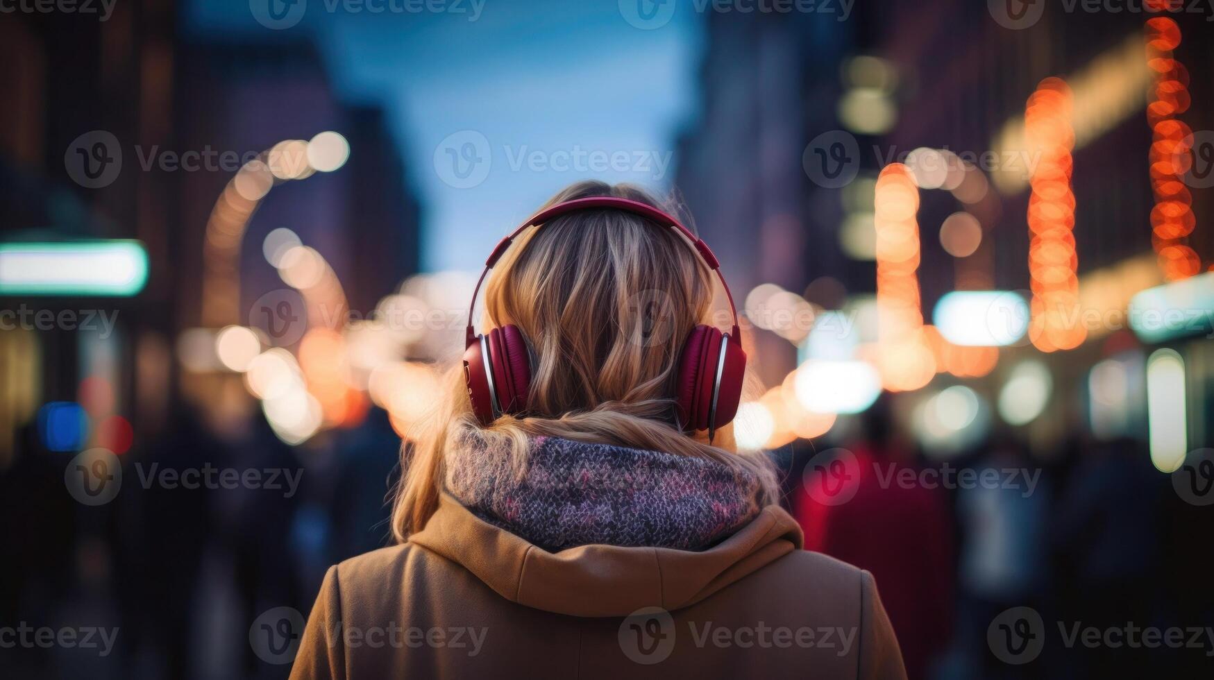 ai generato musica terapia, armonia, mentale Salute concetto. bella giovane donna godendo musica con cuffie all'aperto. donna indossare cuffie godendo musica e bene vibrazioni foto