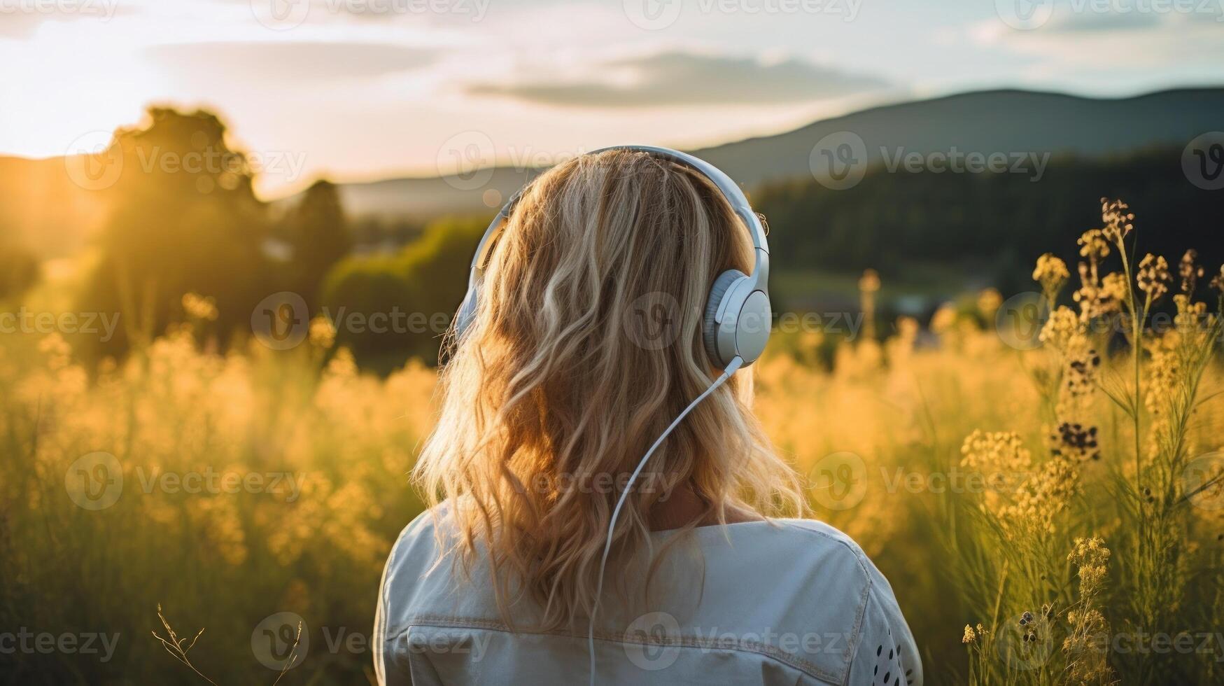 ai generato musica terapia, armonia, mentale Salute concetto. bella giovane donna godendo musica con cuffie all'aperto. donna indossare cuffie godendo musica e bene vibrazioni foto