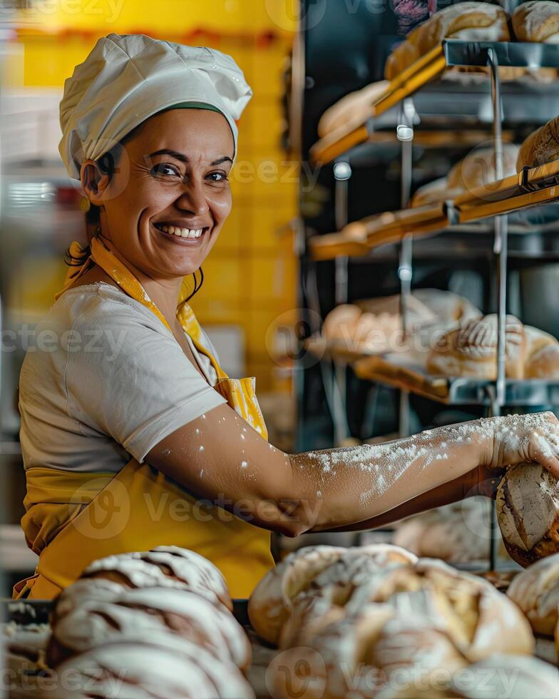 ai generato un' panettiere nel un' forno, lei è cottura al forno pane con un' Sorridi foto