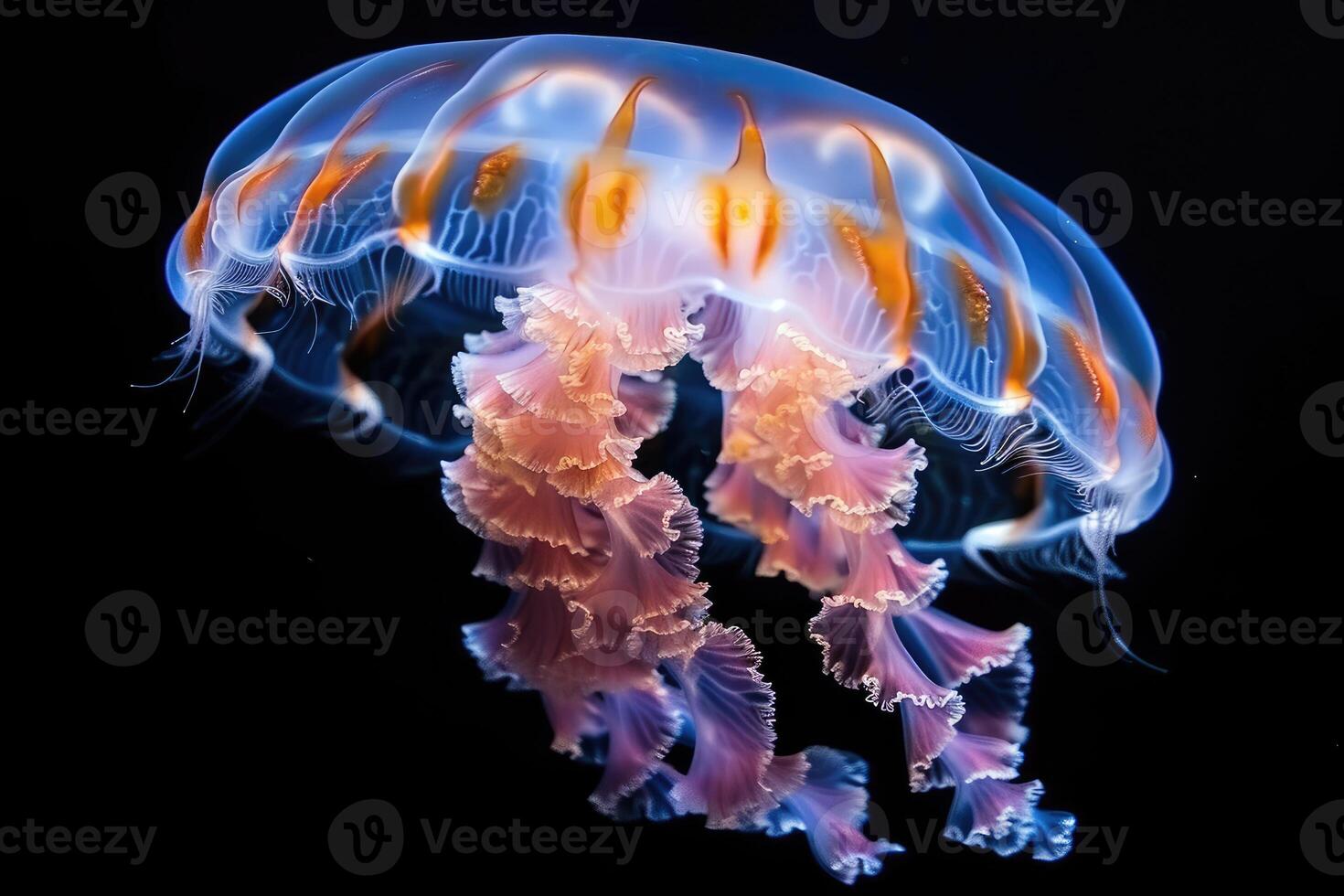 ai generato il marino Medusa si illumina con luminescente contro di il buio mare professionale fotografia foto