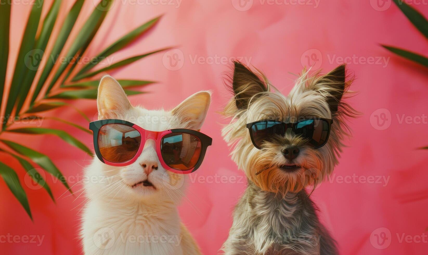 ai generato carino gatto e cane nel occhiali da sole su un' rosa sfondo. vicino su foto