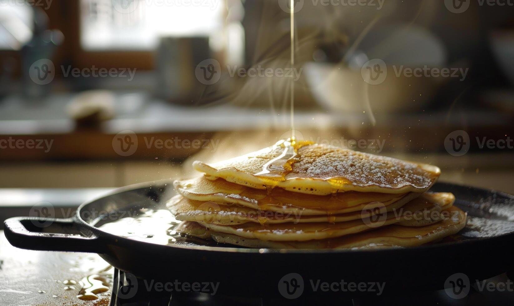 ai generato Pancakes con miele nel un' frittura padella, avvicinamento foto