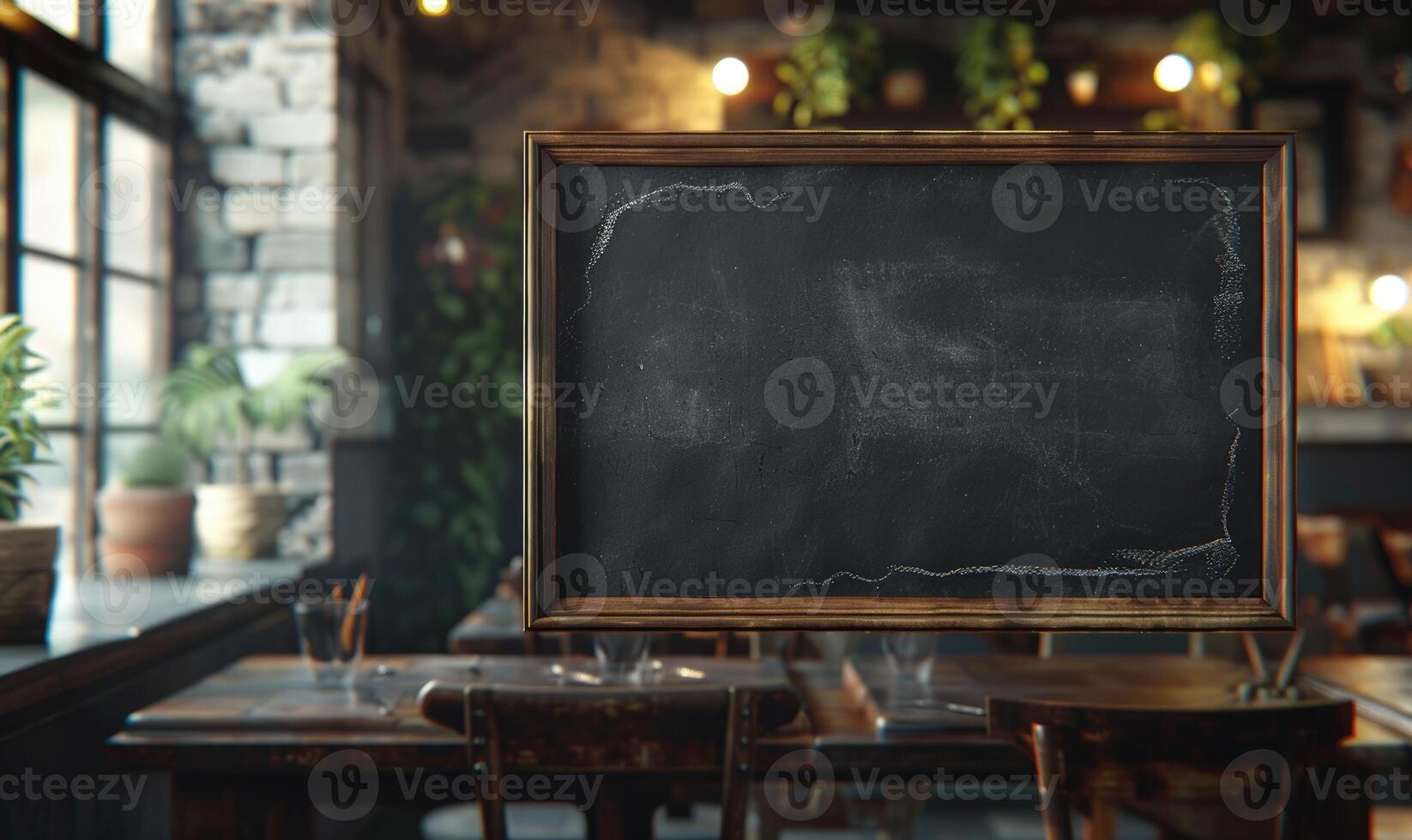 ai generato vuoto lavagna su di legno tavolo nel caffè negozio. foto