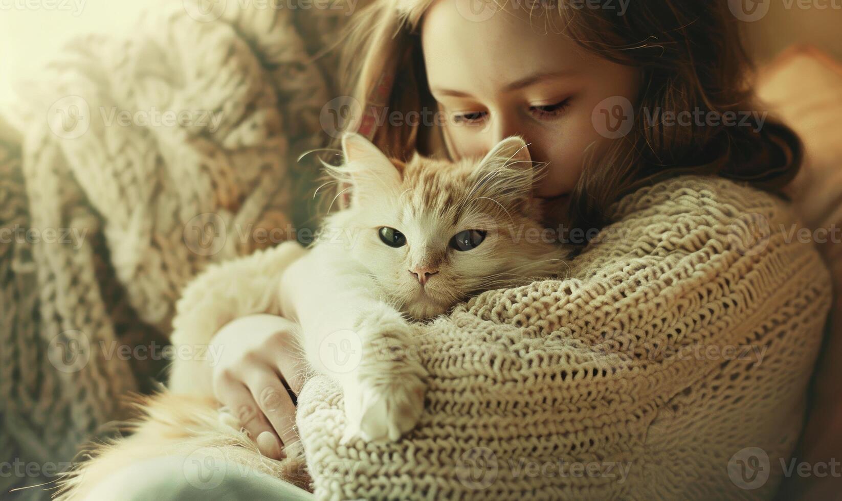 ai generato carino Zenzero gatto dire bugie nel il braccia di un' giovane donna. foto
