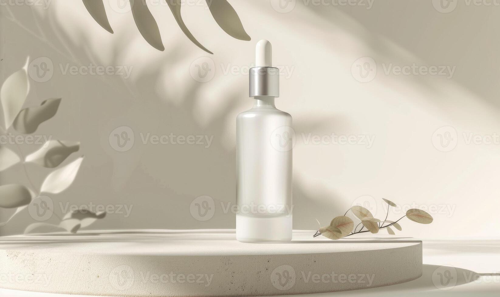 ai generato smerigliato bicchiere bottiglia modello in mostra un' lussuoso idratante facciale siero con un' elegante moderno design foto