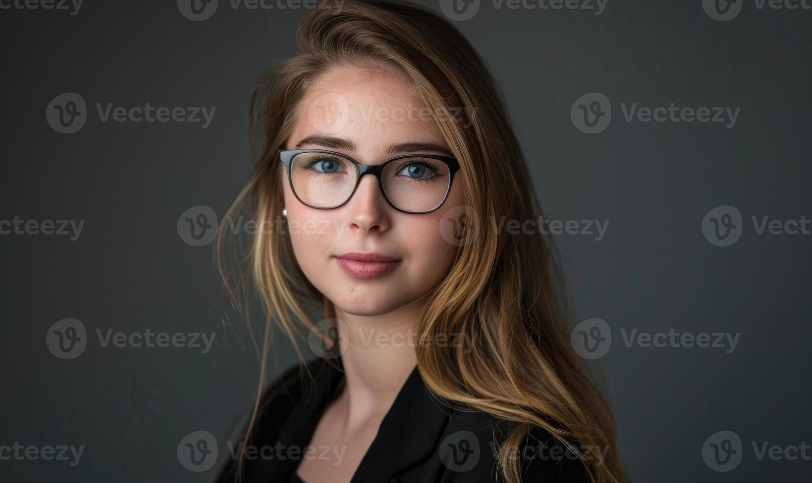 ai generato ritratto di un' bellissimo ragazza con bicchieri su un' buio sfondo. foto