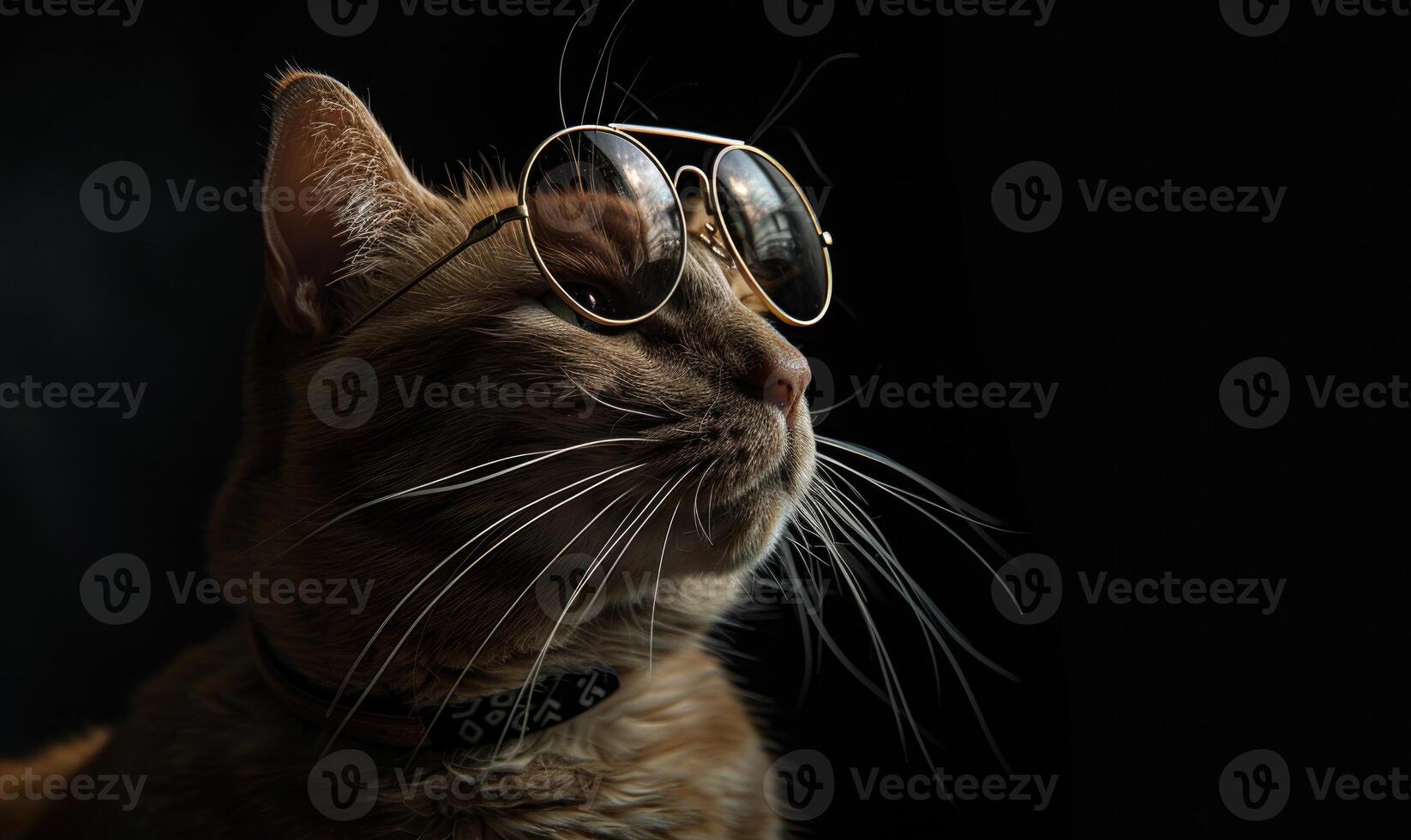 ai generato vicino su di un' gatto indossare occhiali da sole su nero sfondo con copia spazio foto