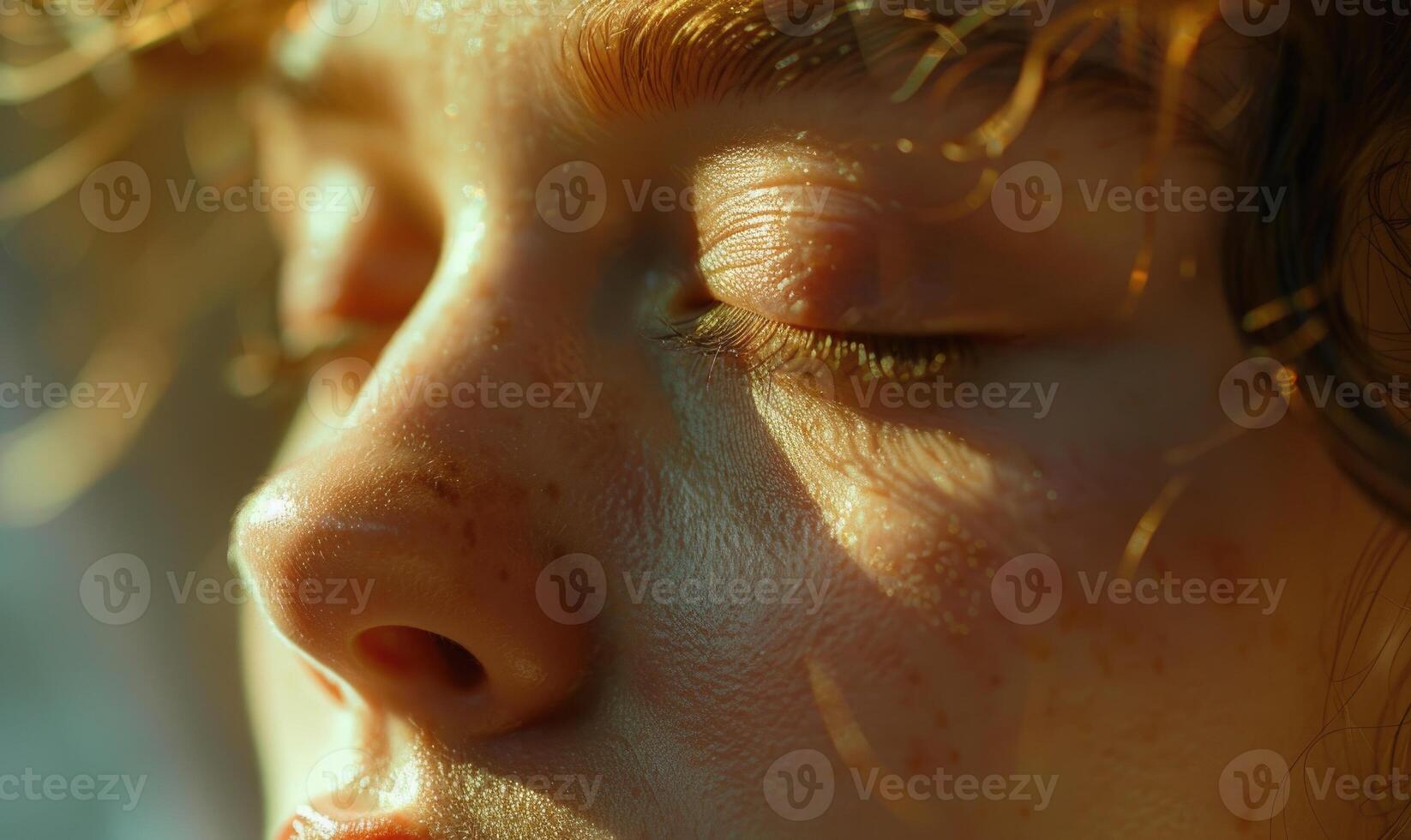 ai generato vicino su ritratto di un' bellissimo giovane donna con lentiggini su sua viso foto