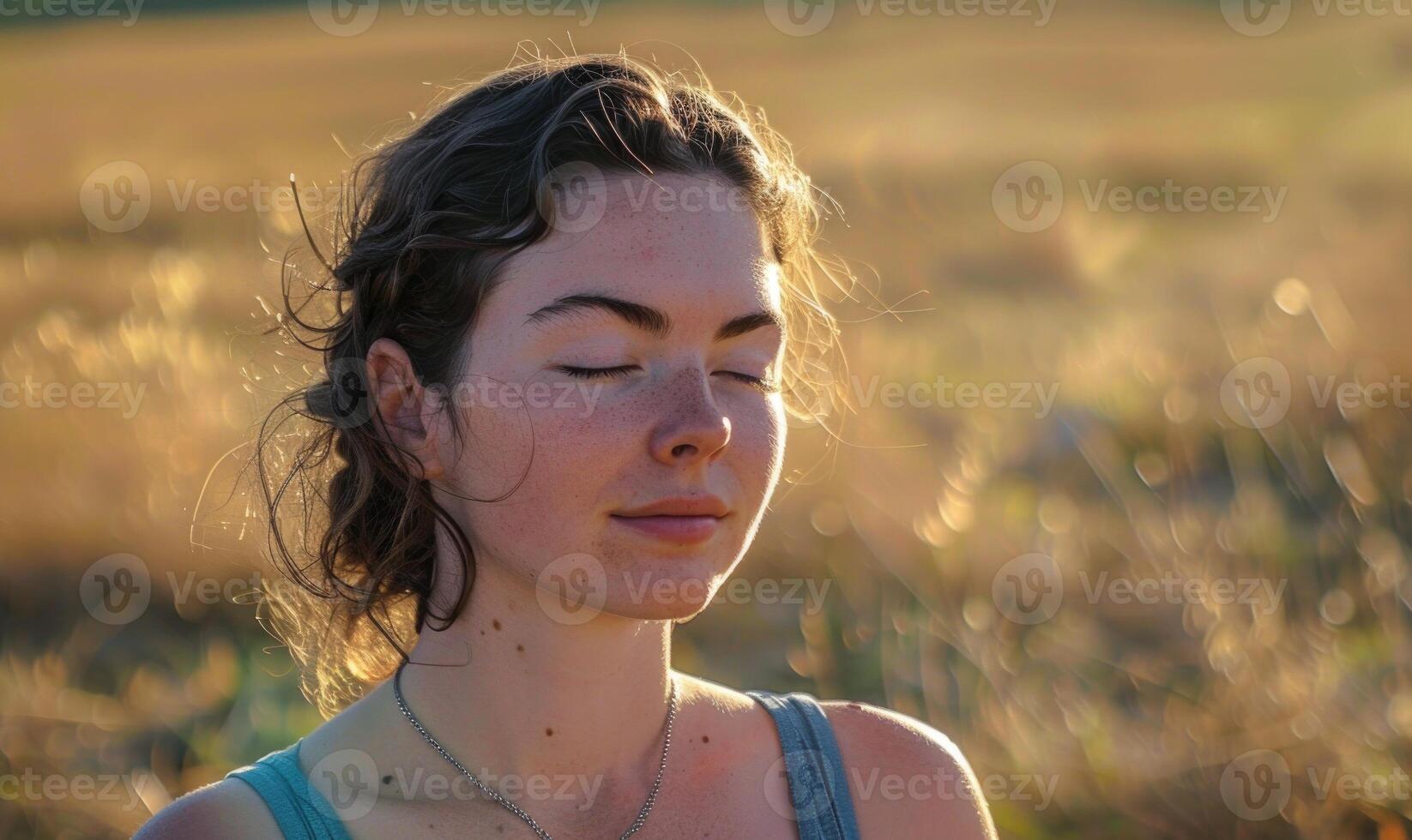 ai generato bellissimo giovane donna nel un' campo a tramonto, vicino su ritratto foto