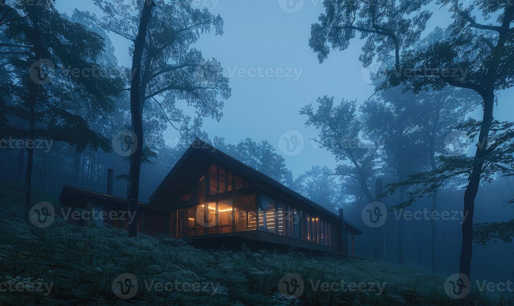 ai generato mattina nebbia avvolgente un' contemporaneo di legno cabina nascosto in profondità entro un' primavera giardino pieno con fioritura iridi e gigli foto