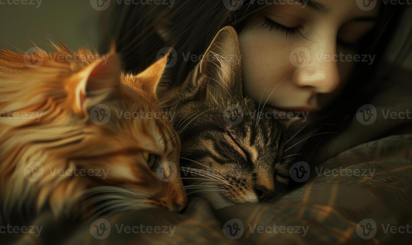 ai generato bellissimo giovane donna addormentato con sua gatto. avvicinamento. foto