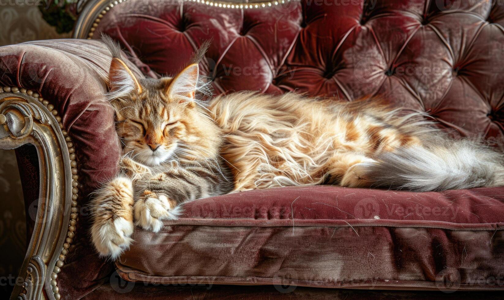 ai generato Maine coon gatto con lussuoso pelliccia reclinabile su un' felpa velluto divano foto
