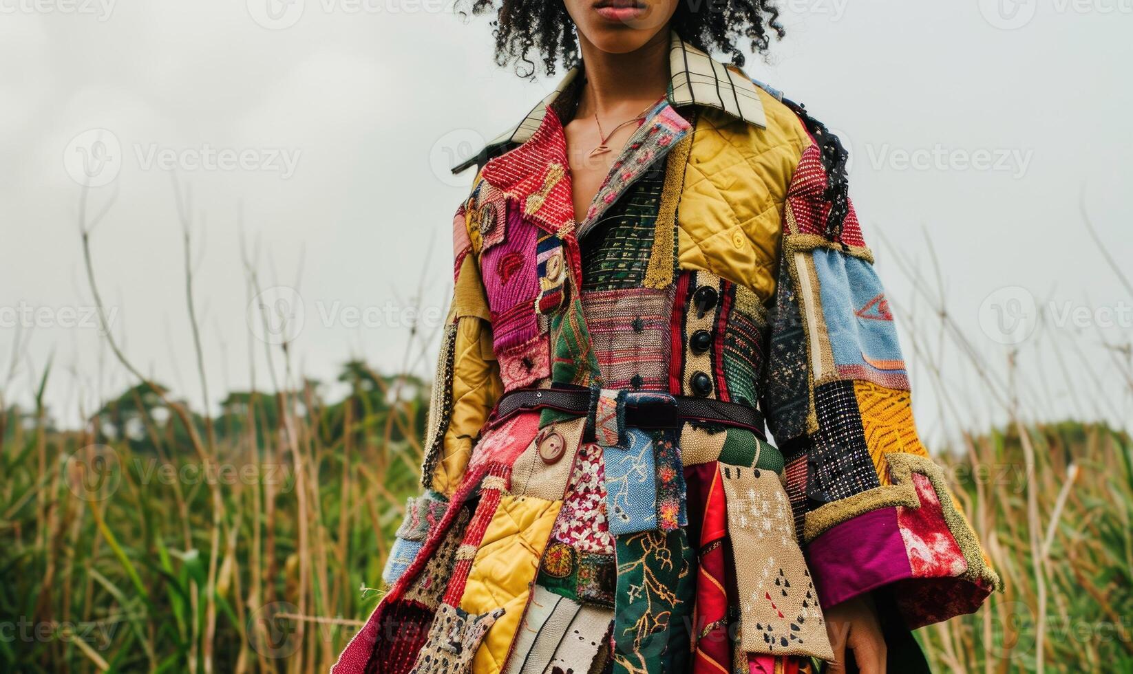 ai generato bellissimo donna nel un' colorato cappotto in posa nel il campo. foto