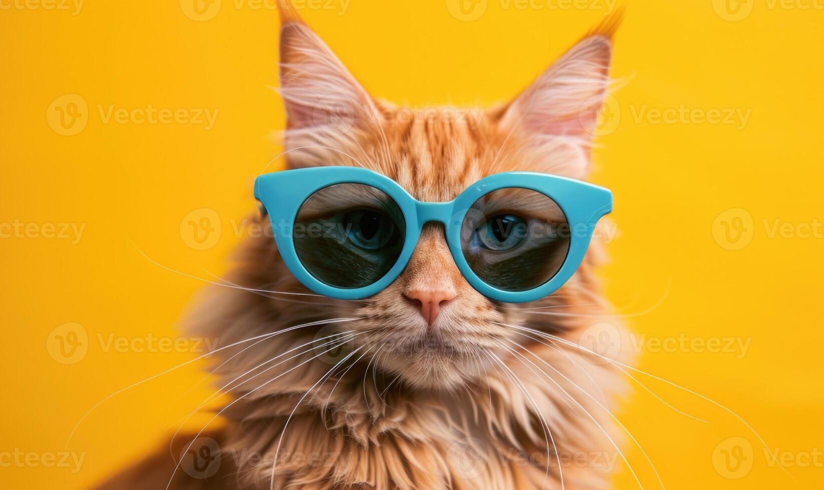 ai generato ritratto di un' Zenzero gatto indossare blu occhiali da sole su un' giallo sfondo foto