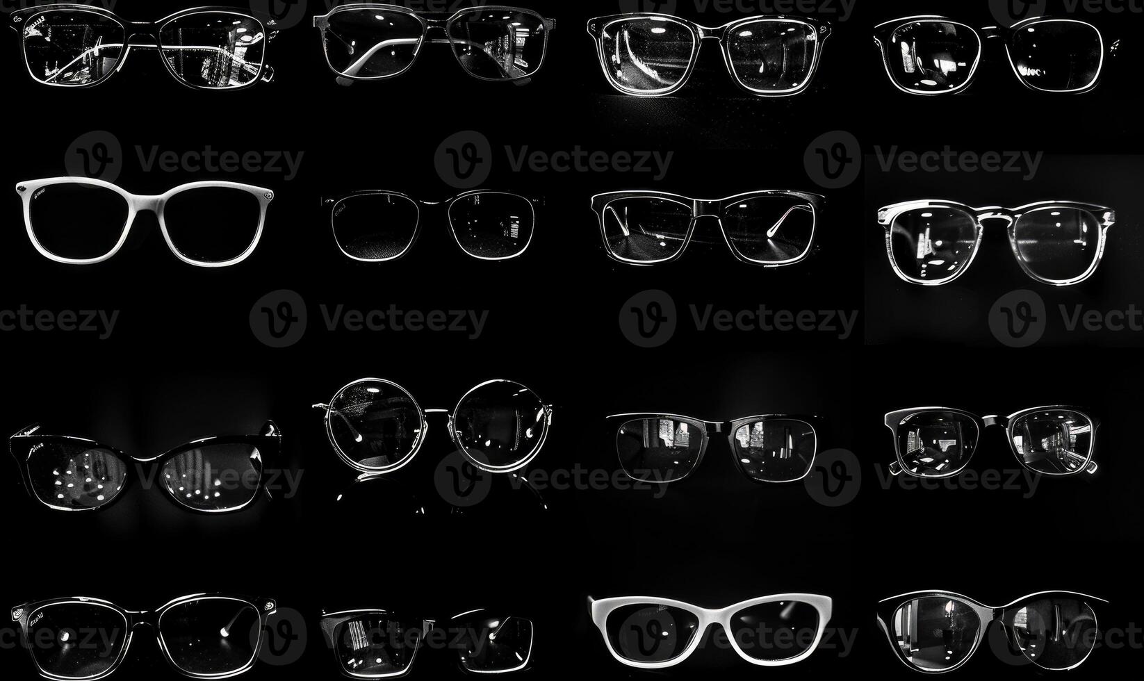 ai generato collezione di occhiali su un' nero sfondo. Visualizza a partire dal sopra. foto
