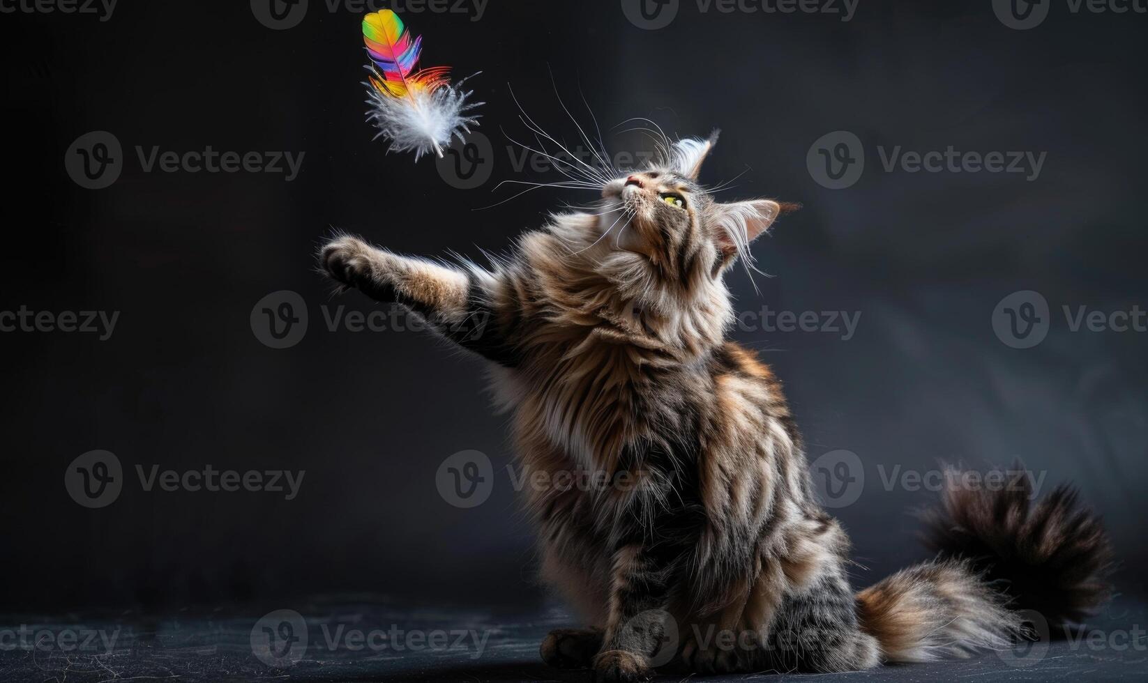 ai generato Maine coon gatto scherzosamente batting a un' piuma giocattolo nel un' studio impostare foto