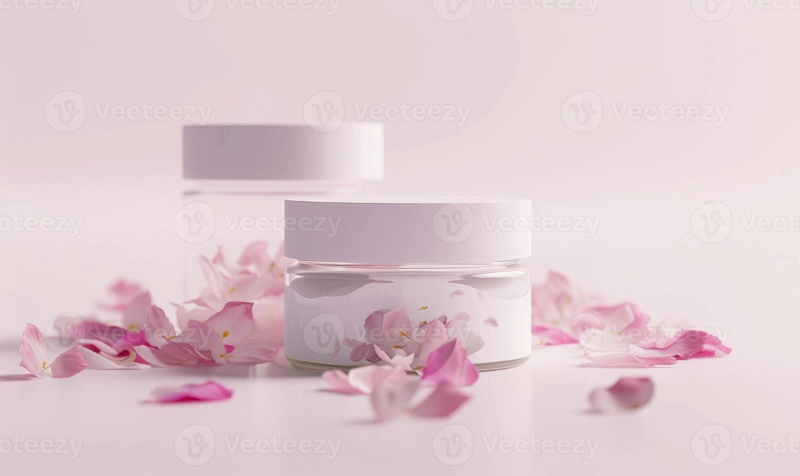 ai generato Due creme vaso vuoto mockup ornato con delicato fiore petali foto