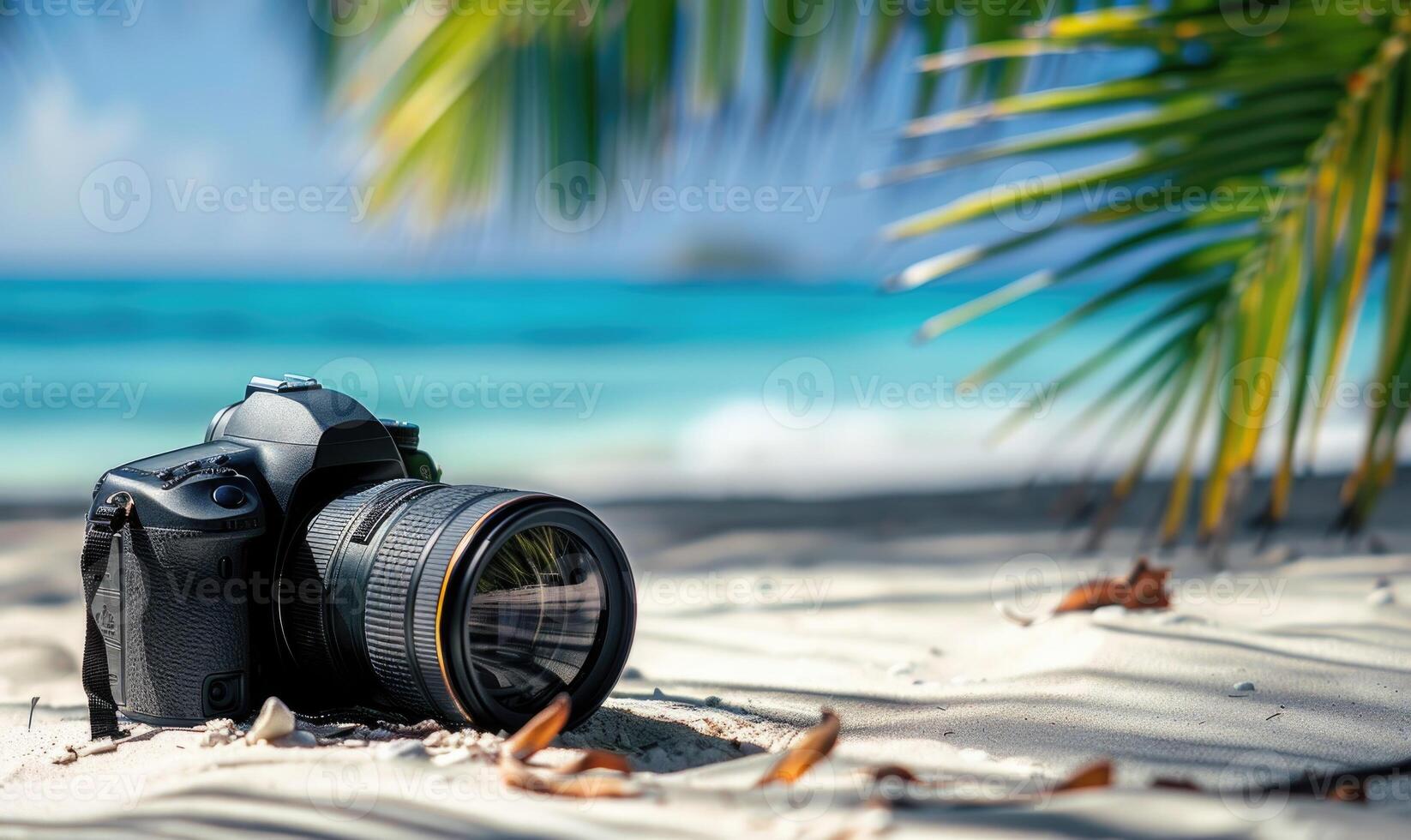 ai generato telecamera su un' tropicale spiaggia con palma albero nel il sfondo. messa a fuoco su telecamera foto