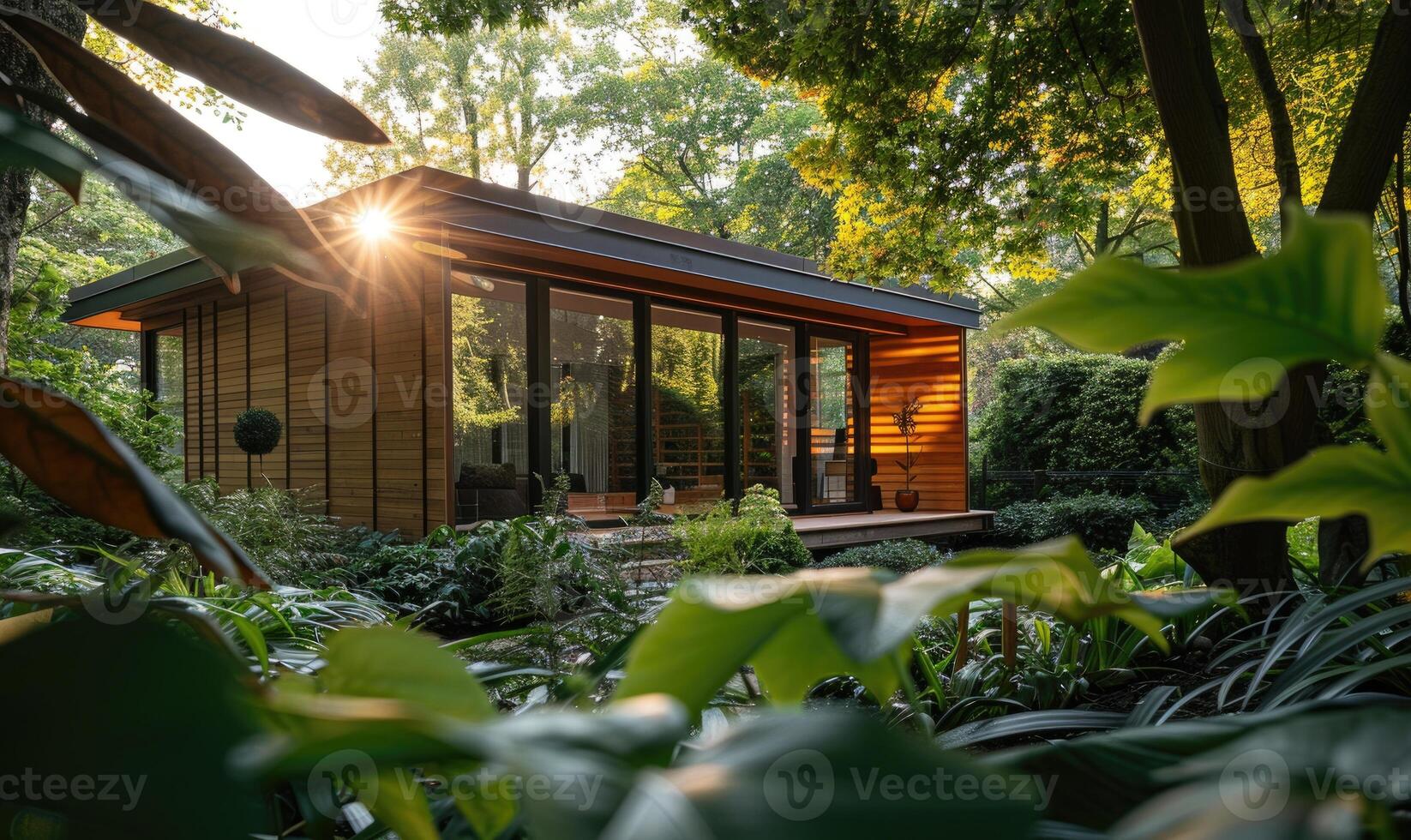 ai generato luce del sole filtraggio attraverso lussureggiante fogliame su il esterno di un' moderno di legno cabina nel un' tranquillo primavera giardino foto