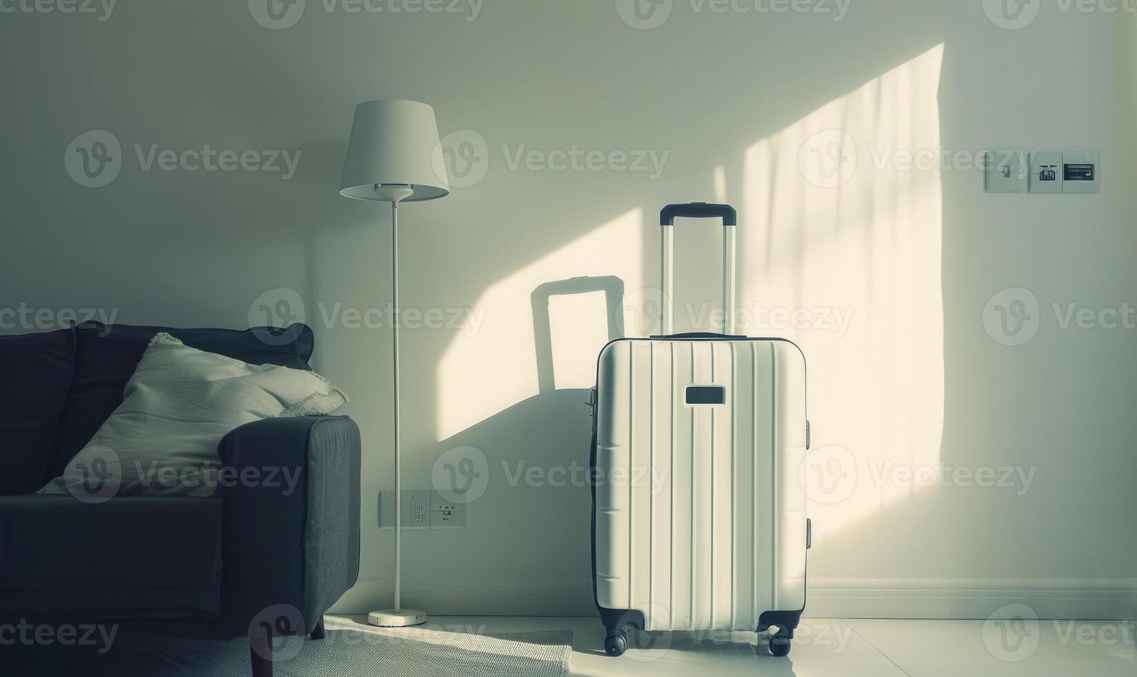 ai generato bianca valigia nel il camera. viaggio concetto. foto