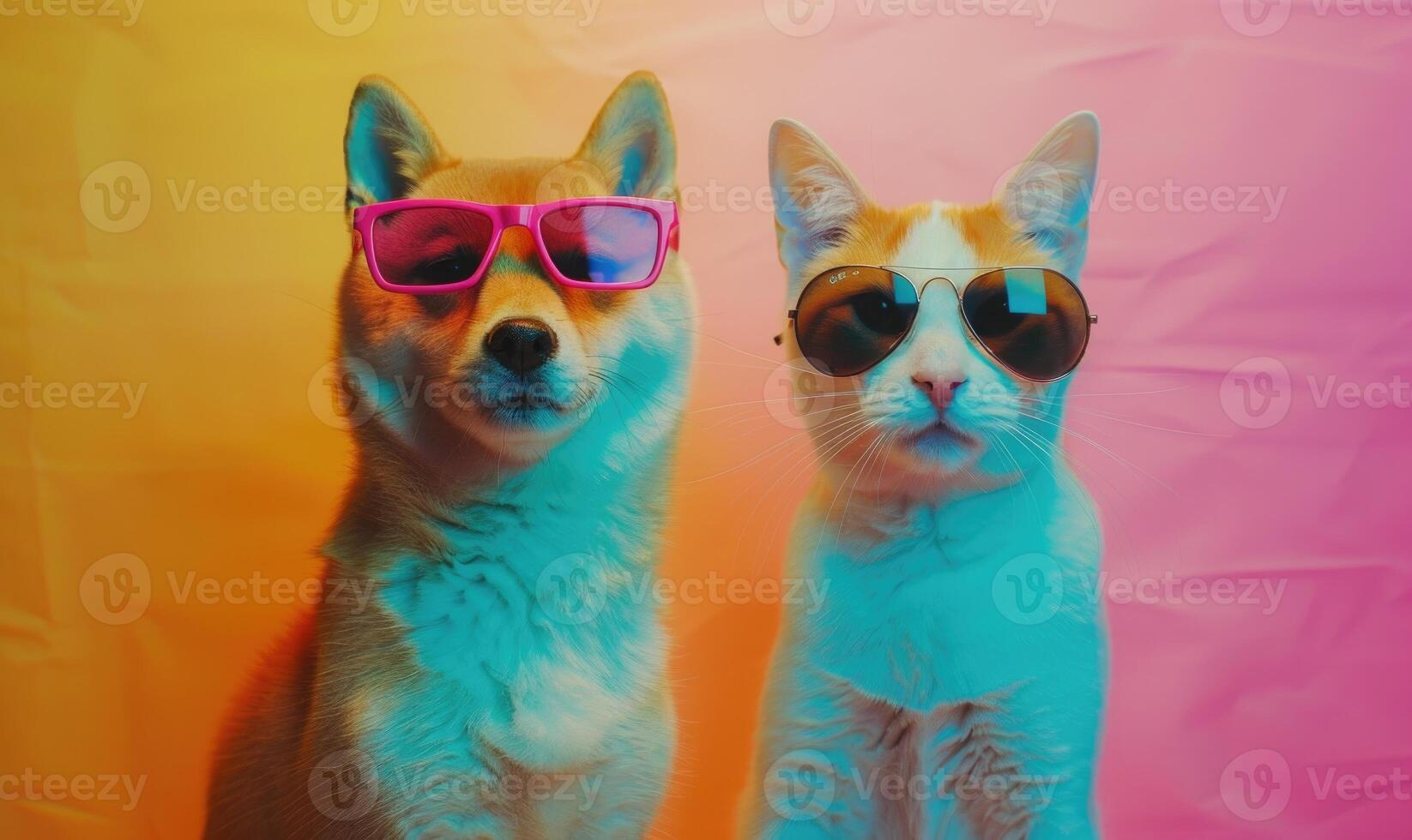 ai generato siberiano rauco cane e gatto indossare occhiali da sole su colorato sfondo foto